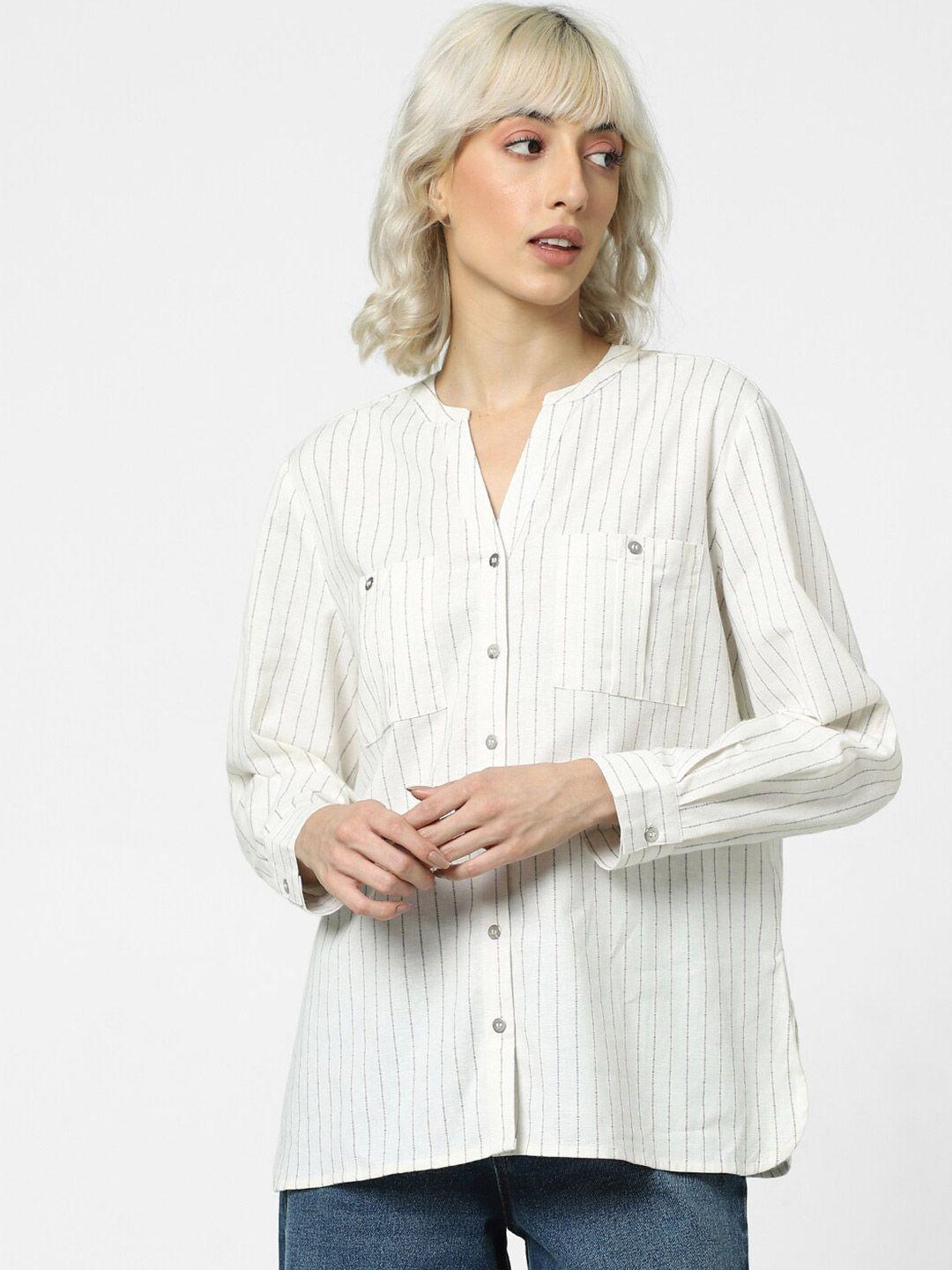 only-striped-mandarin-collar-cotton-linen-casual-shirt