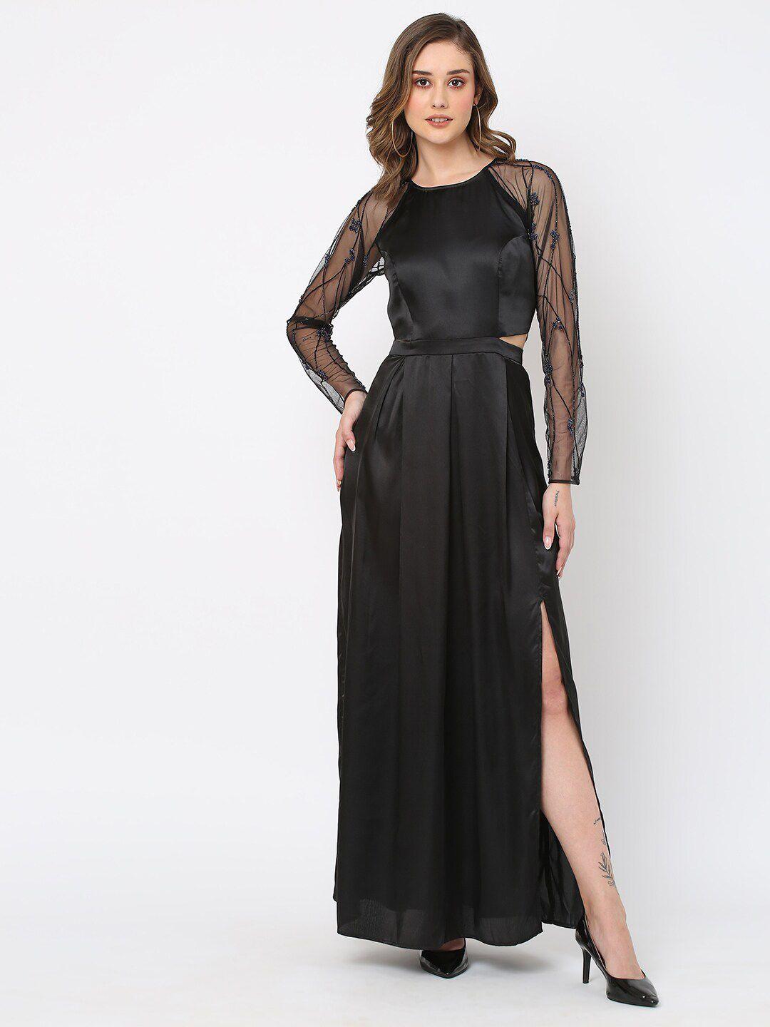mish-black-embellished-round-neck-cut-outs-fit-&-flare-maxi-dress