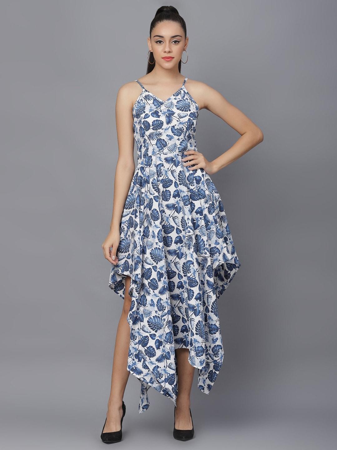 baesd-tropical-printed-shoulder-strap-fit-&-flare-dress