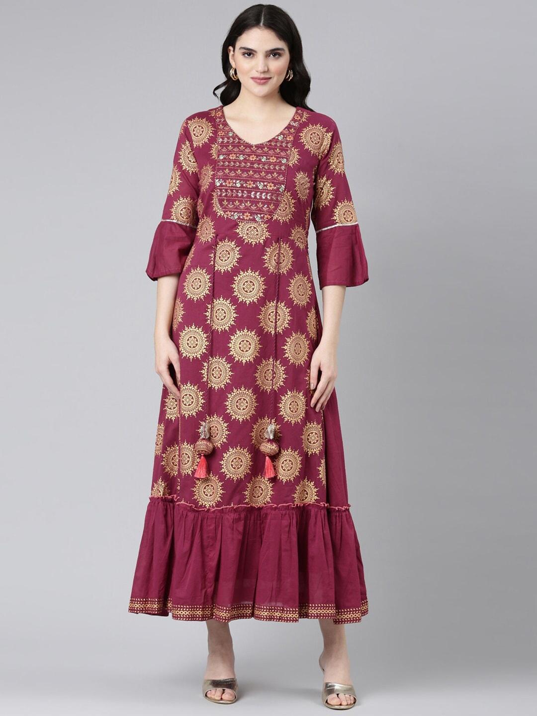 neerus-maroon-ethnic-motifs-printed-v-neck-flared-sleeve-a-line-dress