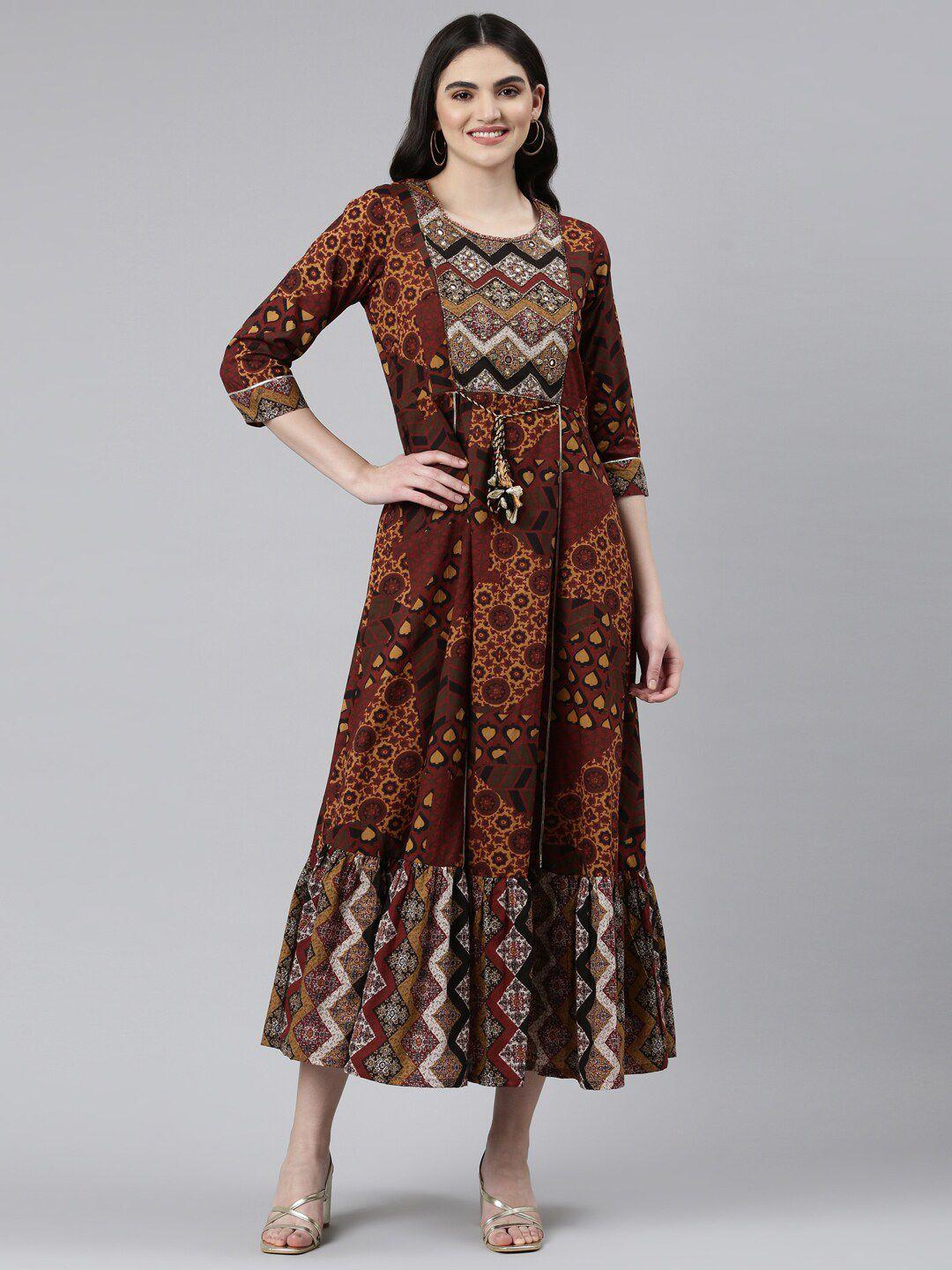 neerus-ethnic-printed-yoke-embellished-a-line-dress