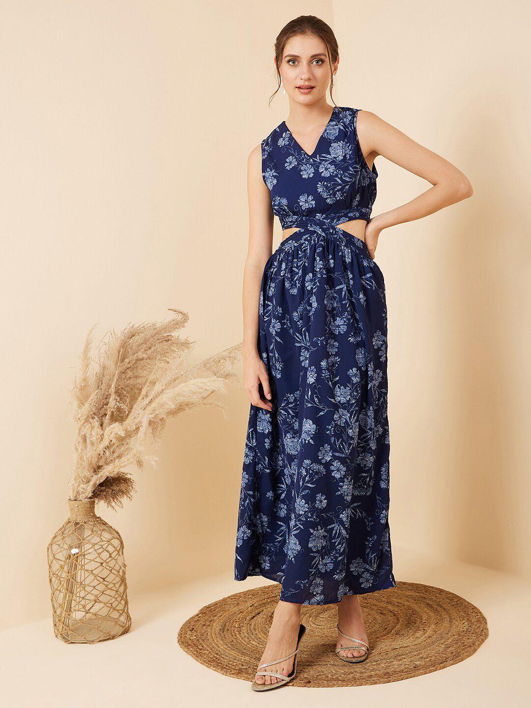 rare-blue-gathered-floral-printed-cut-outs-v-neck-maxi-dress