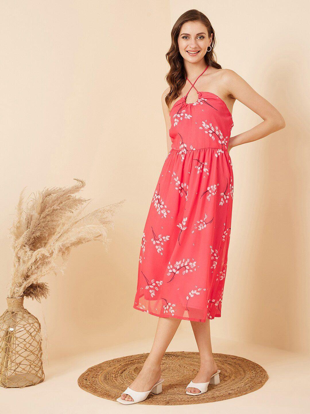 rare-pink-&-white-floral-printed-halter-neck-fit-&-flare-midi-dress