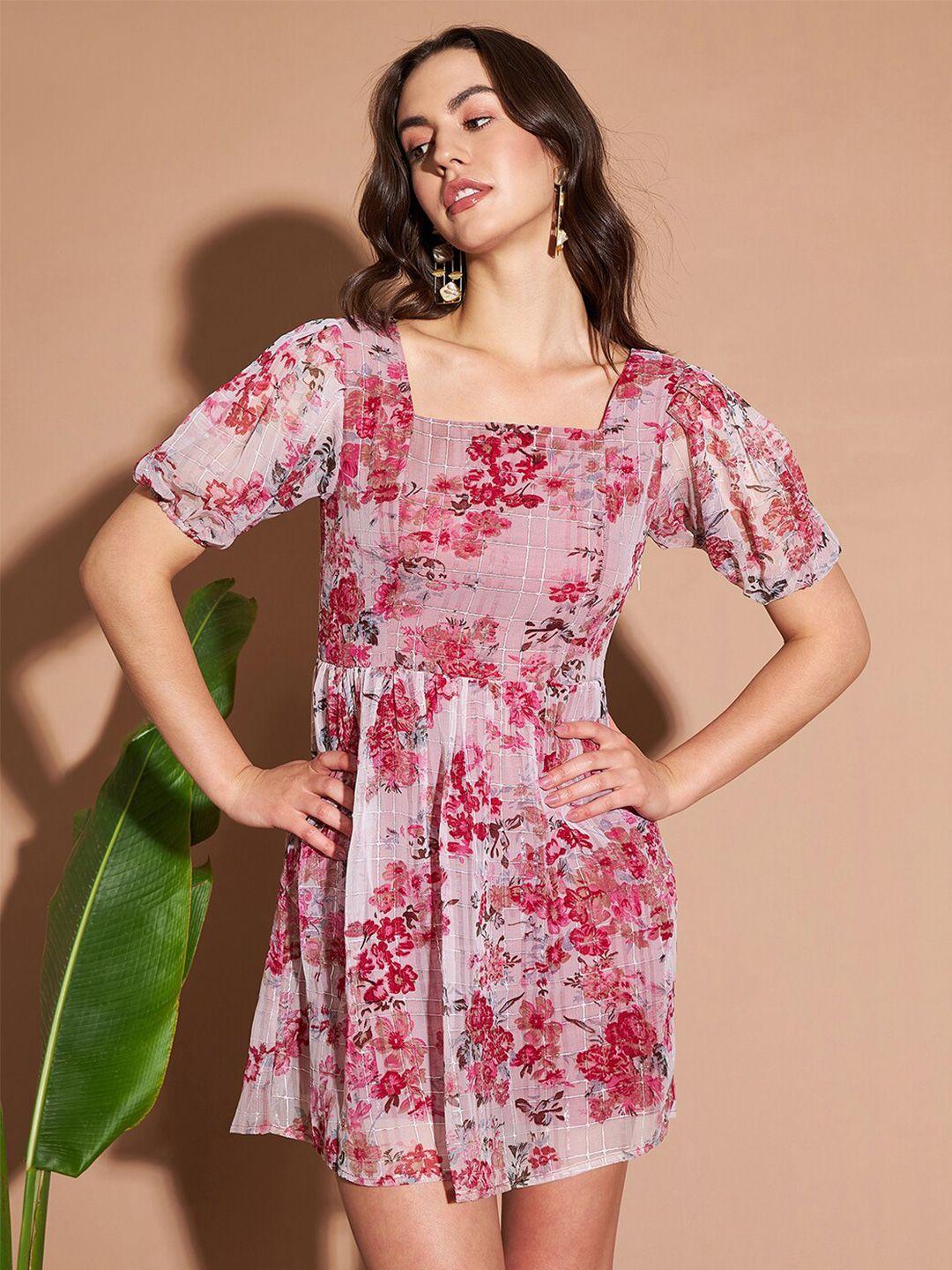 marie-claire-pink-floral-printed-puff-sleeve-chiffon-fit-&-flare-dress