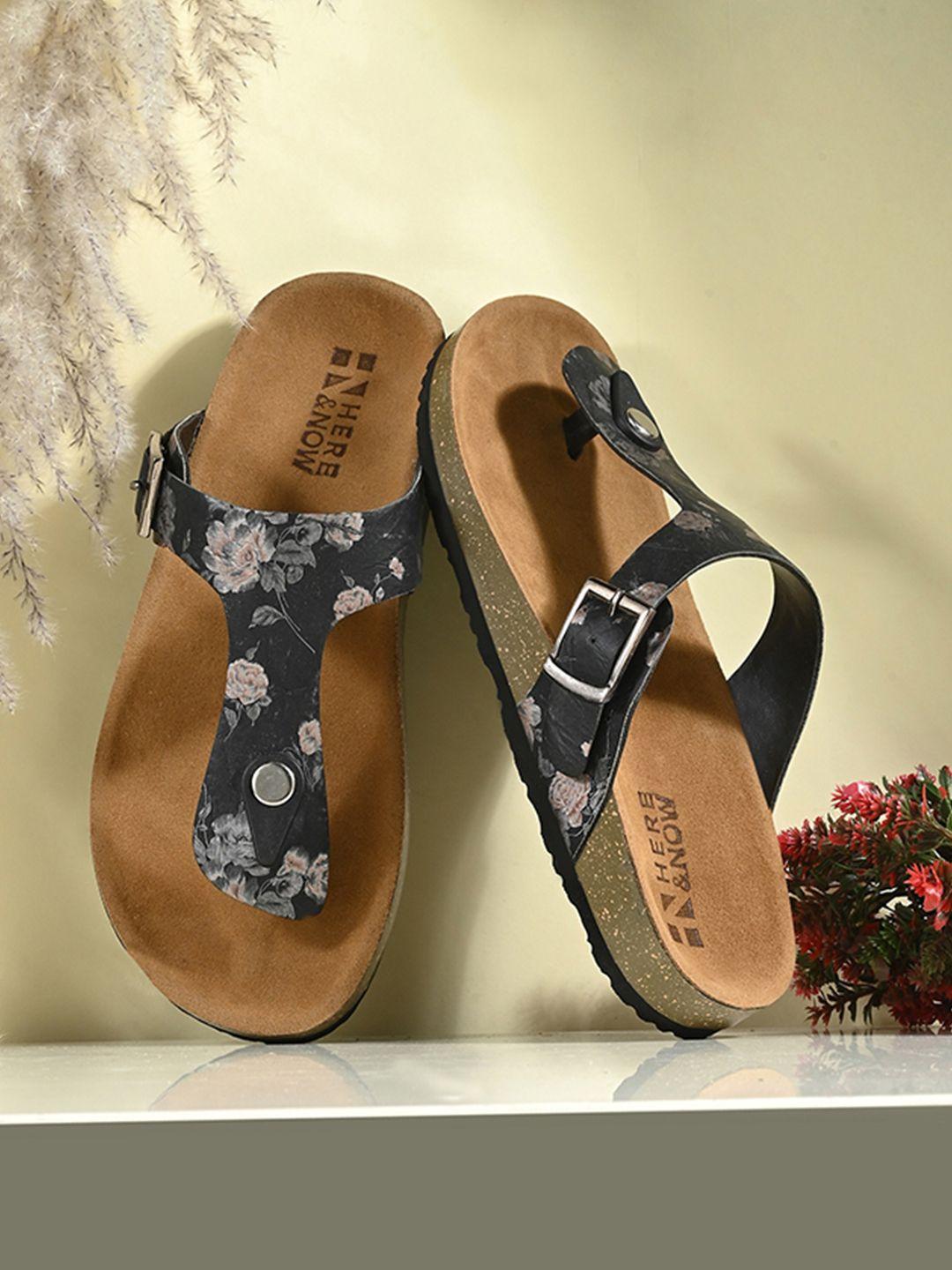 here&now-black-&-brown-printed-t-strap-flats