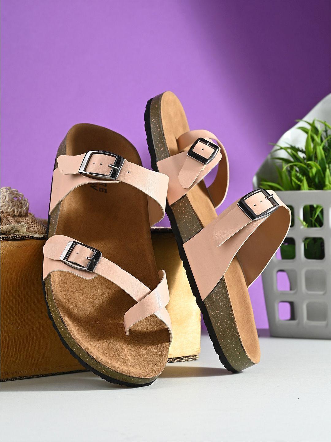 here&now-peach-coloured-&-brown-open-one-toe-flats-with-buckle-detail