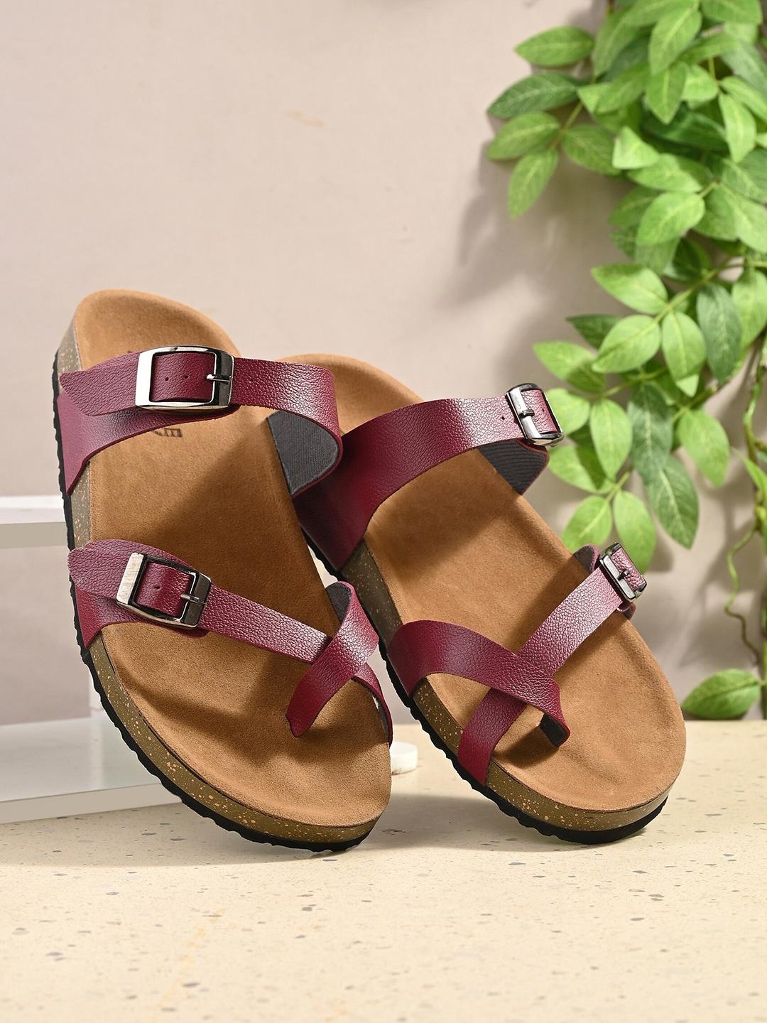 here&now-maroon-&-brown-open-one-toe-flats-with-buckle-detail