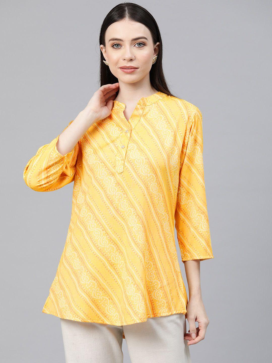 cottinfab-bandhani-printed-mandarin-collar-kurti