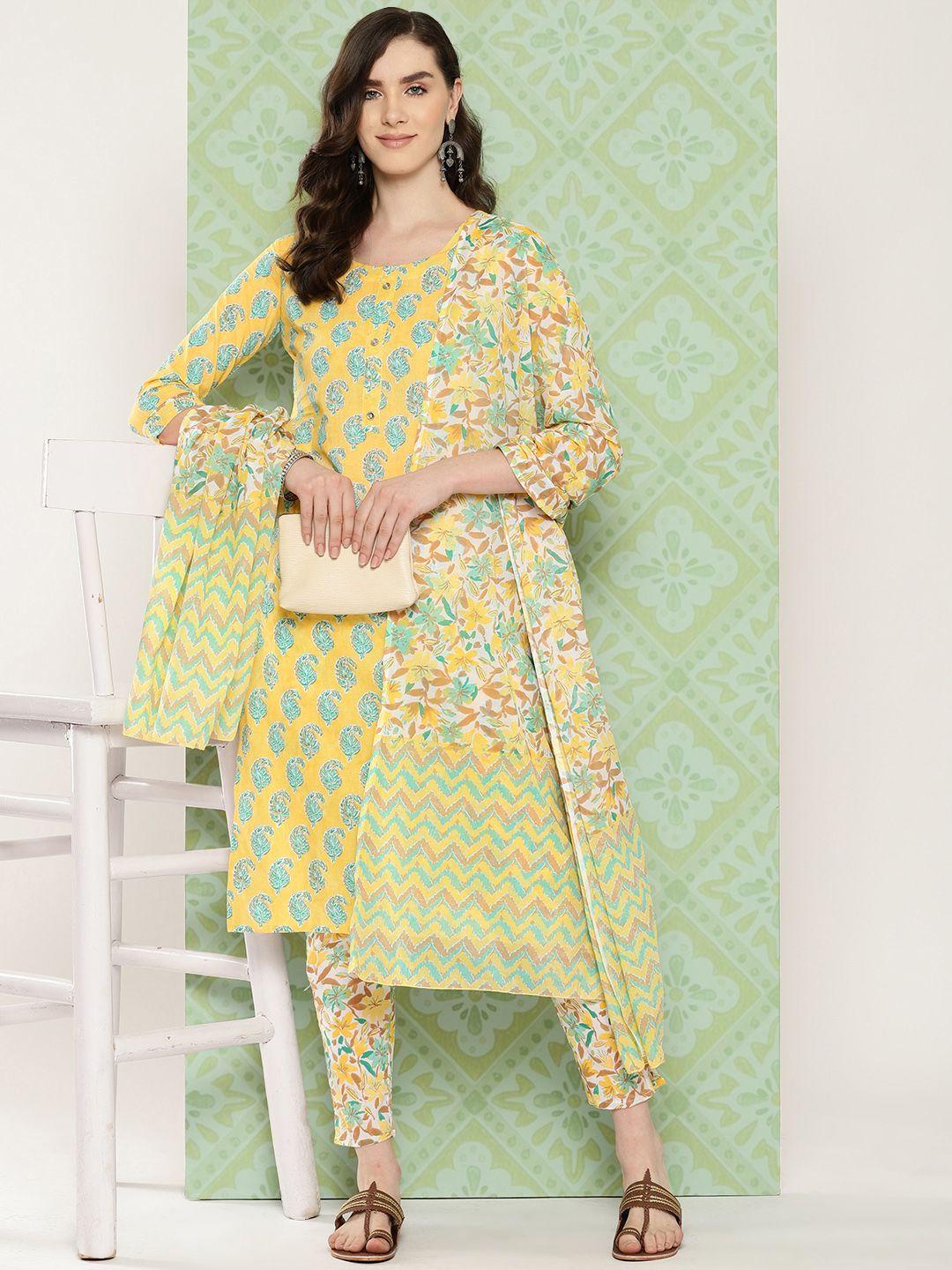 yufta-women-paisley-printed-regular-pure-cotton-kurta-with-trousers-&-with-dupatta