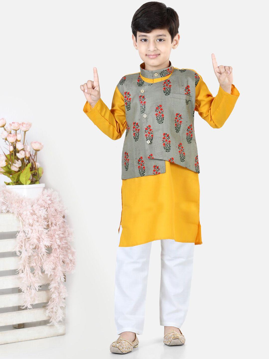 bownbee-boys-floral-printed-angarkha-pure-cotton-kurta-with-pyjamas
