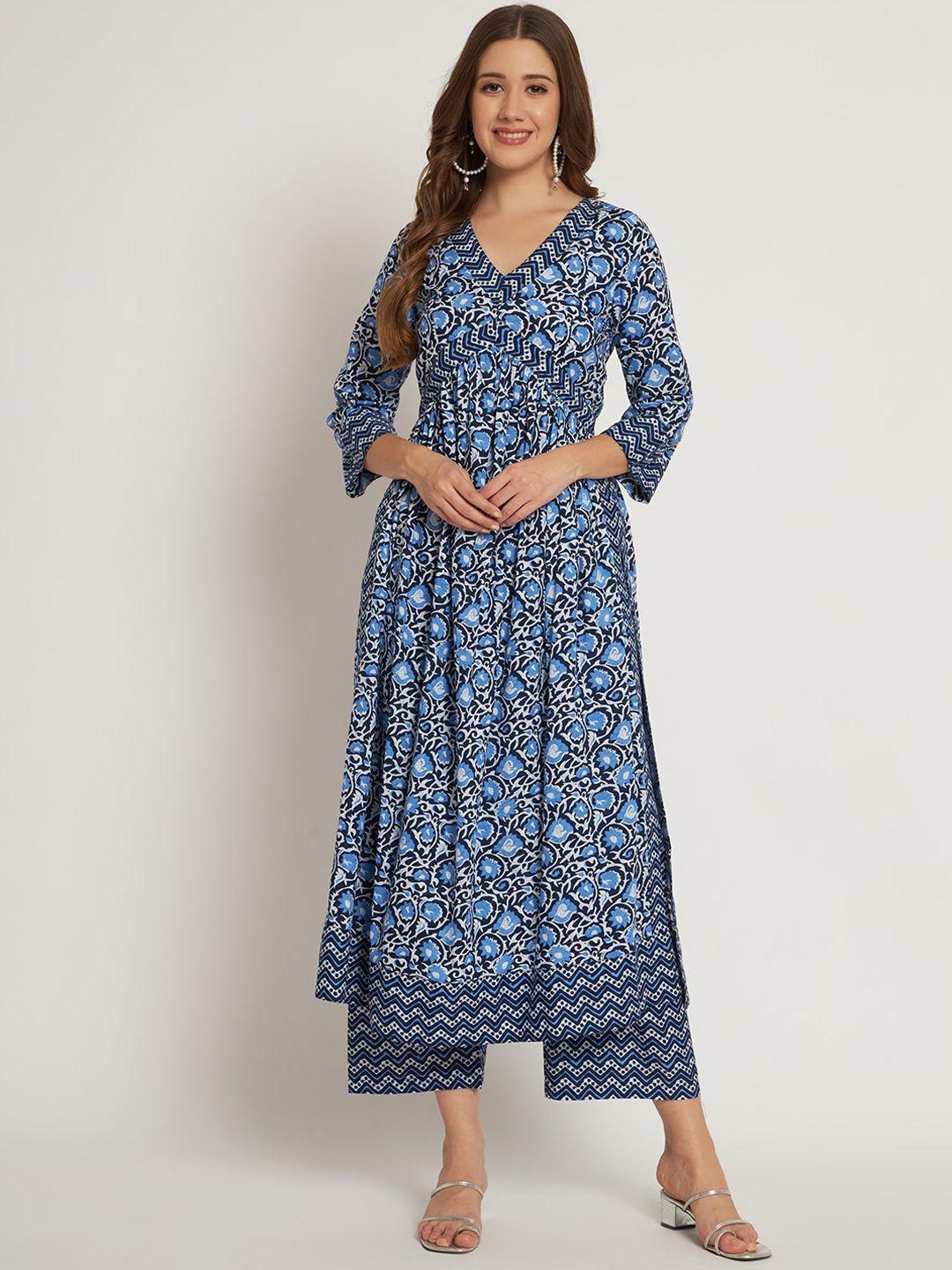 poshak-hub-women-blue-ethnic-motifs-printed-high-slit-pure-cotton-kurta-with-palazzos