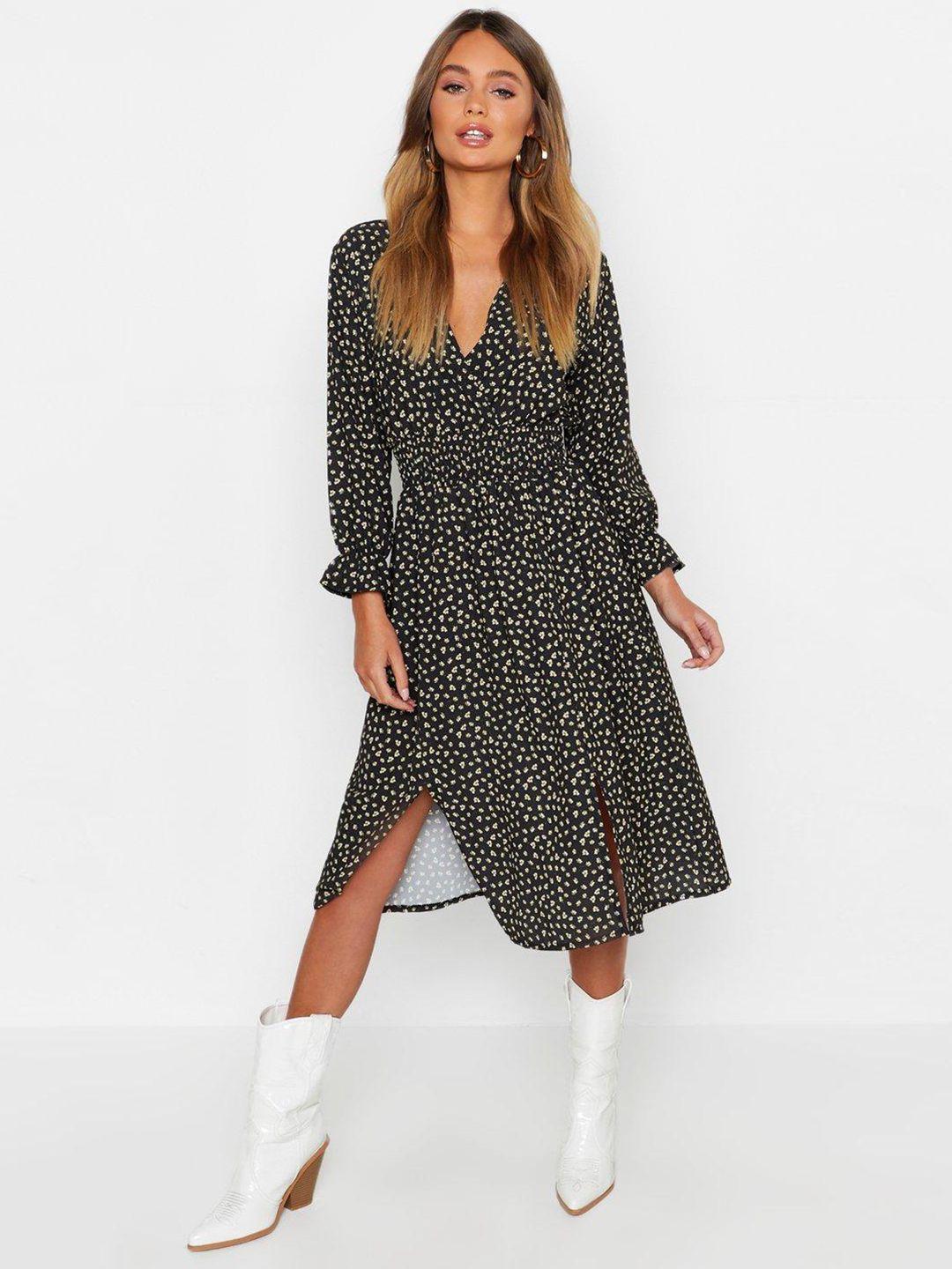 boohoo-ditsy-floral-print-puff-sleeves-split-front-midi-a-line-dress