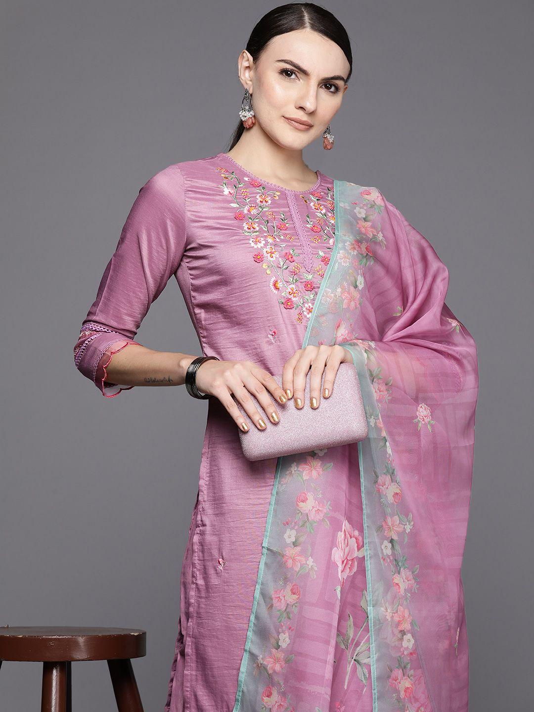 indo-era-women-floral-embroidered-regular-thread-work-kurta-with-trousers-&-with-dupatta