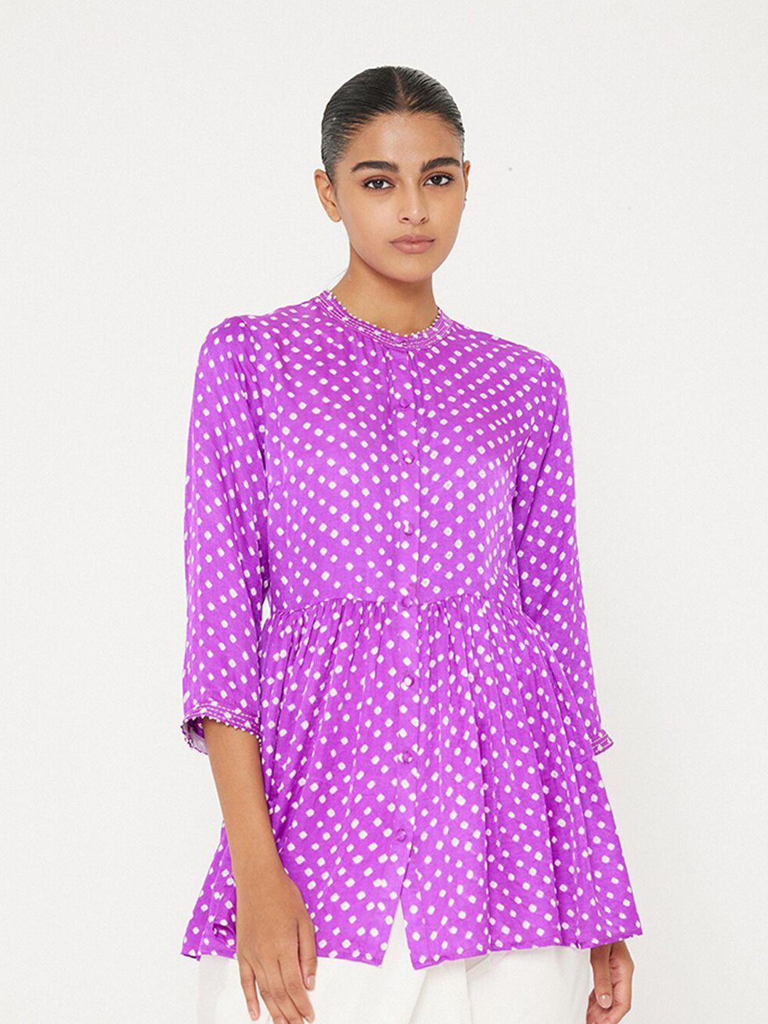 ancestry-purple-polka-dot-print-mandarin-collar-roll-up-sleeves-cinched-waist-top