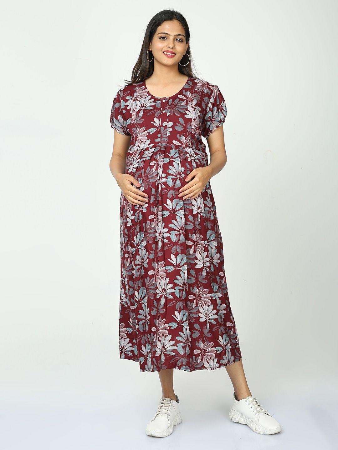 9shines-label-floral-printed-round-neck-gathered-maternity-a-line-midi-dress