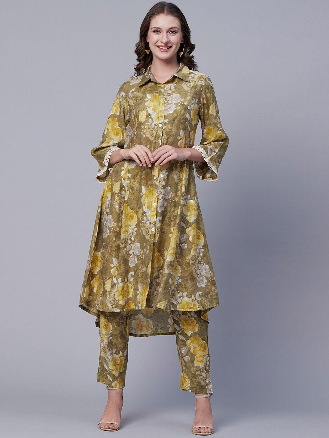 fashor-olive-green-floral-printed-shirt-collar-panelled-kurta-with-trousers