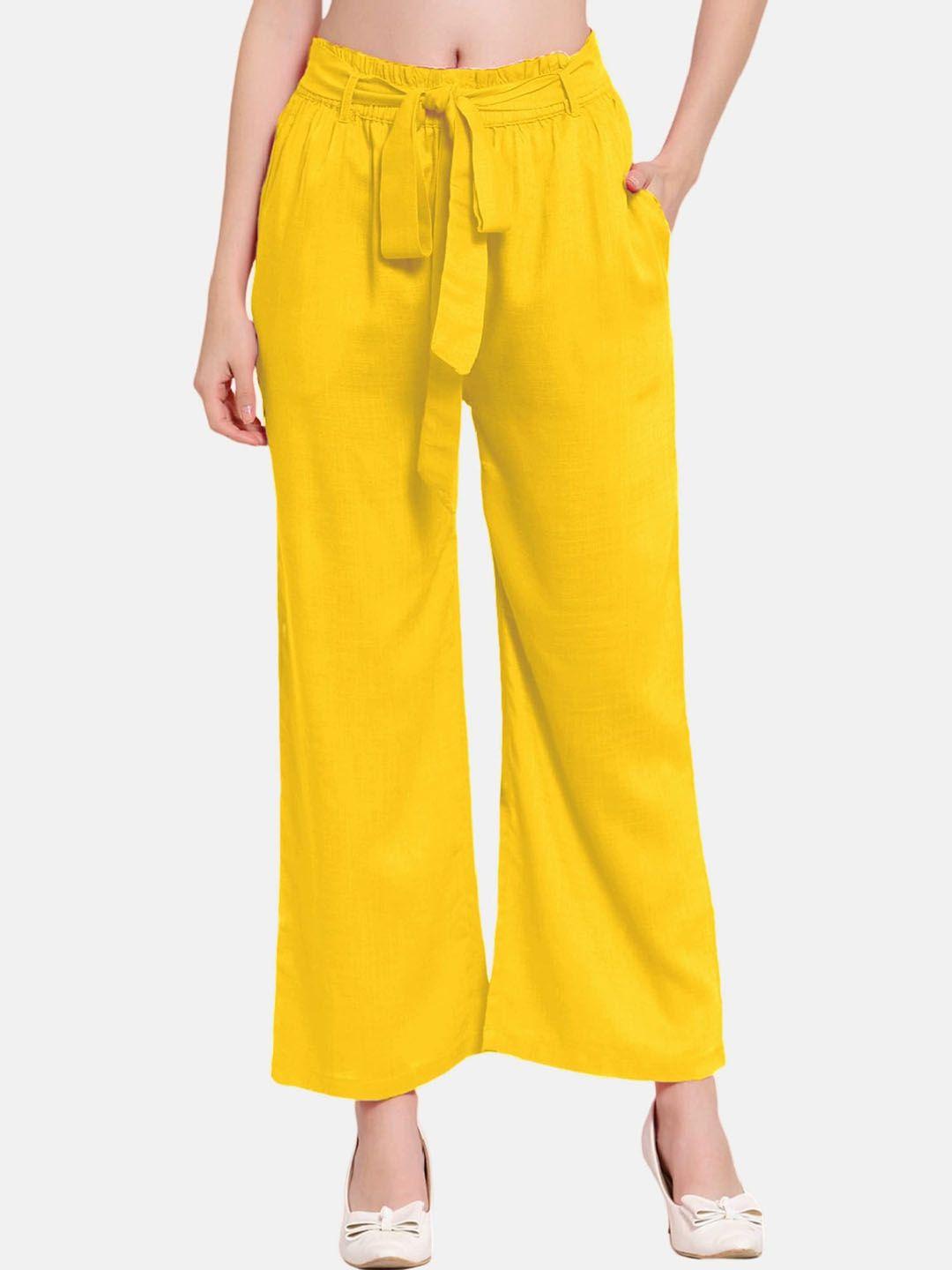patrorna-women-yellow-smart-loose-fit-pleated-cotton-parallel-trousers