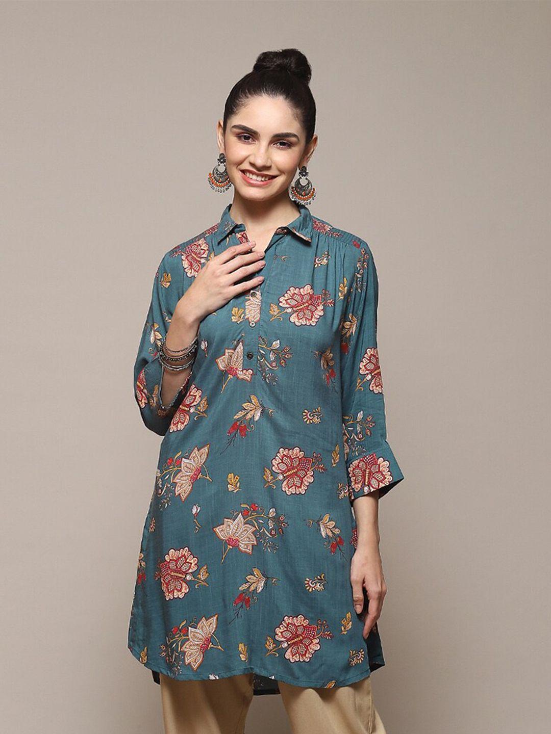 biba-teal-floral-print-roll-up-sleeves-shirt-style-longline-top