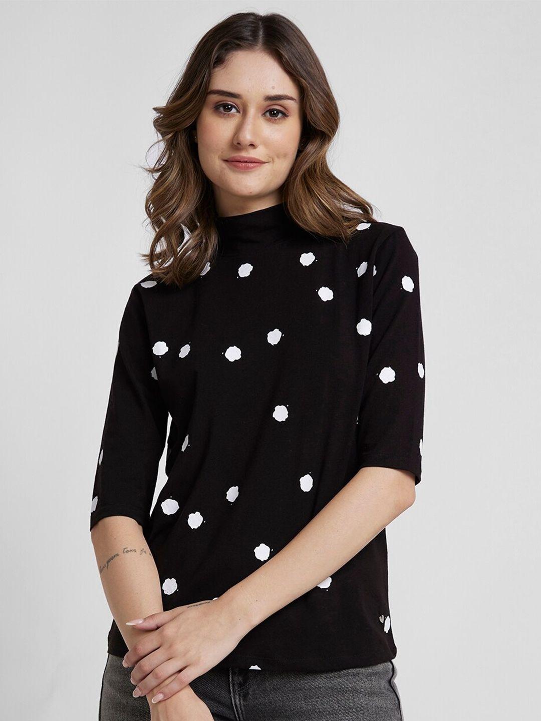 spykar-polka-dots-printed-high-neck-cotton-top