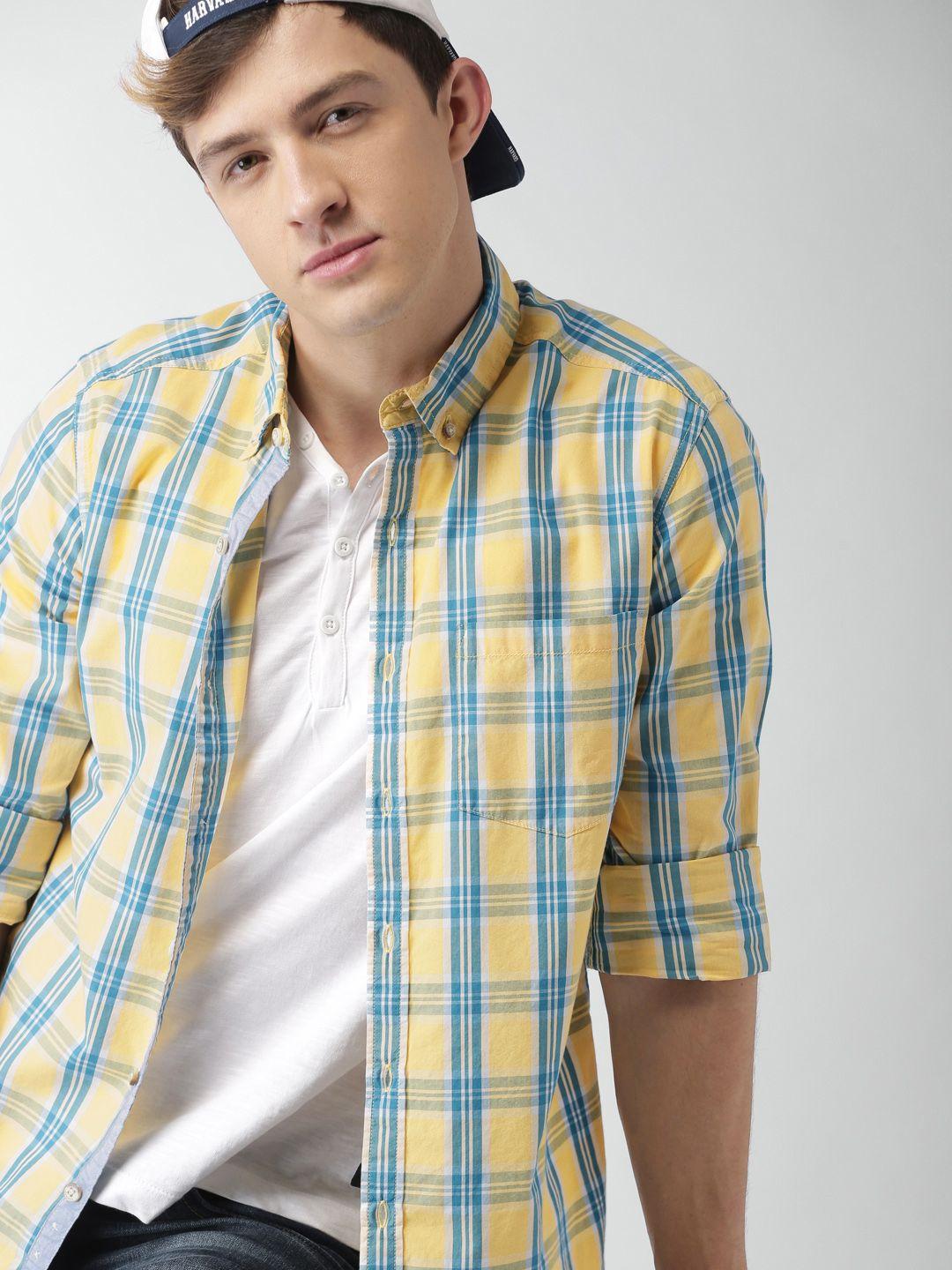 harvard-men-yellow-&-blue-slim-fit-checked-sustainable-casual-shirt
