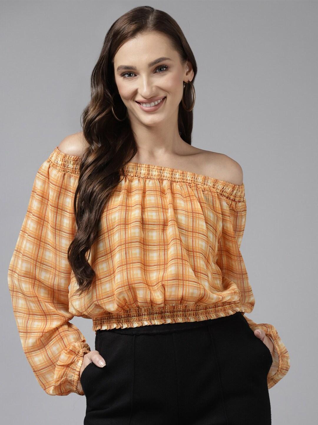 baesd-yellow-checked-off-shoulder-puff-sleeve-bardot-top