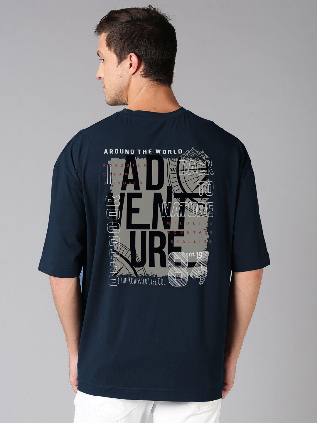 roadster-navy-blue-typography-printed-pure-cotton-oversized-tshirt