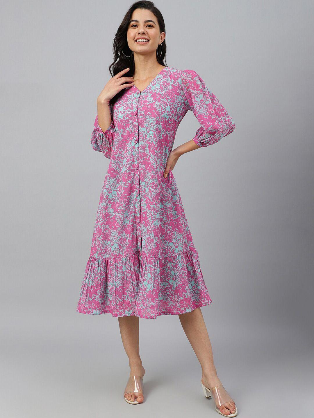 janasya-pink-floral-printed-puff-sleeve-gathered-georgette-a-line-dress