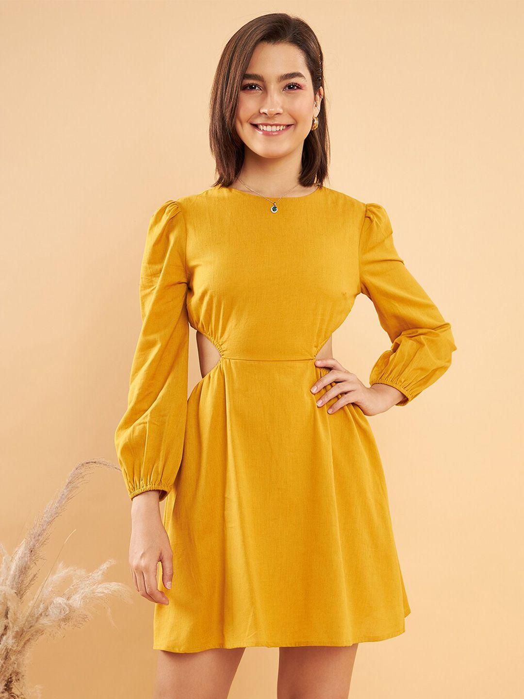 kassually-mustard-yellow-puff-sleeves-cut-out-detail-pure-cotton-fit-&-flare-dress