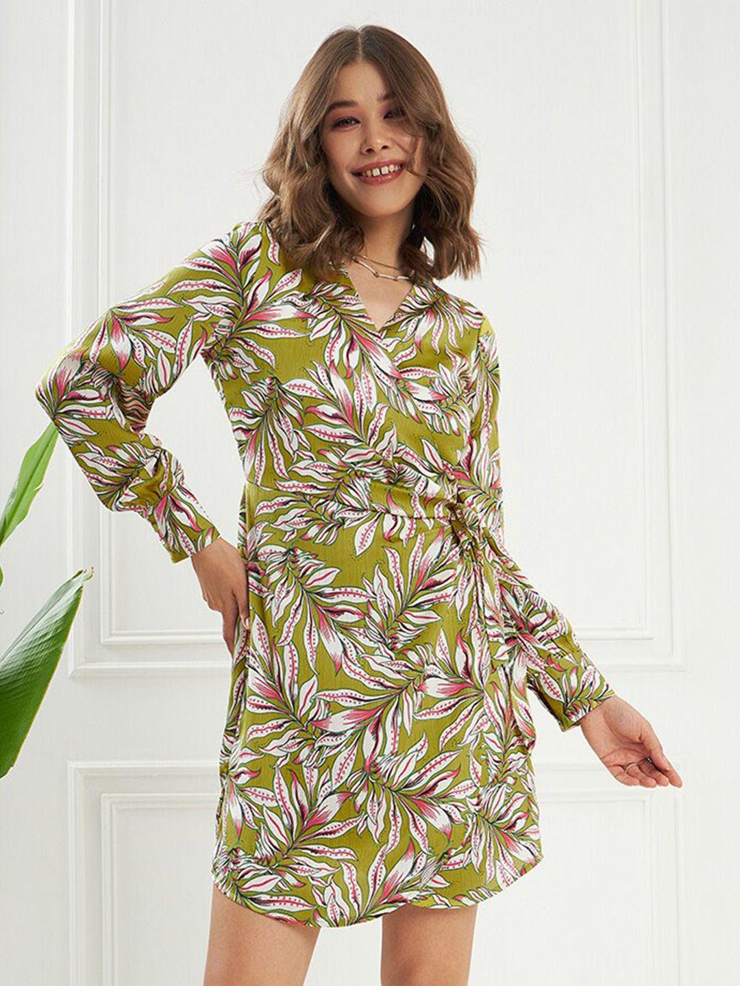 kassually-green-floral-printed-cuffed-sleeves-tie-ups-satin-wrap-dress