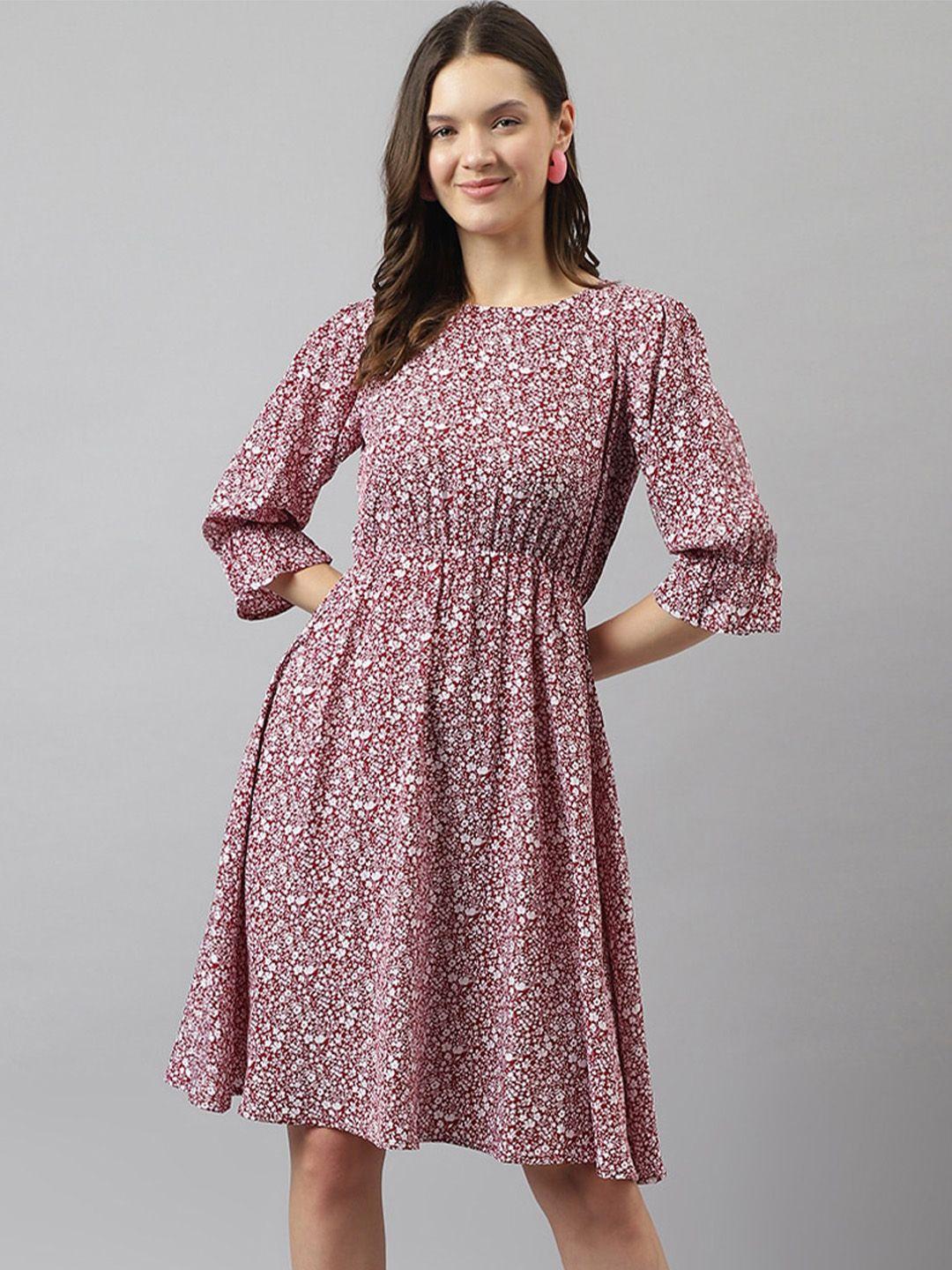 baesd-maroon-floral-print-puff-sleeve-fit-&-flare-dress