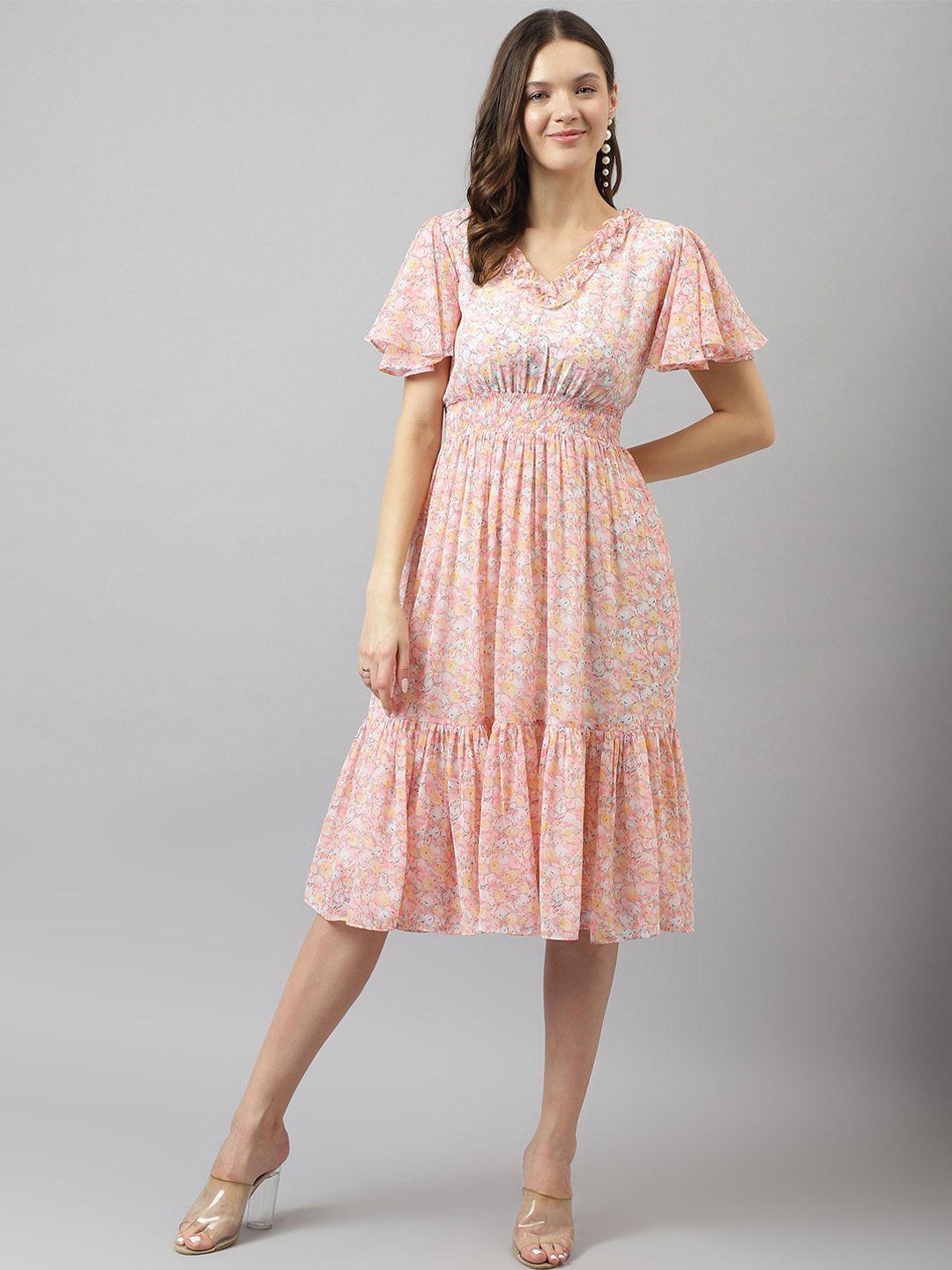baesd-peach-coloured-floral-print-flared-sleeve-fit-&-flare-midi-dress