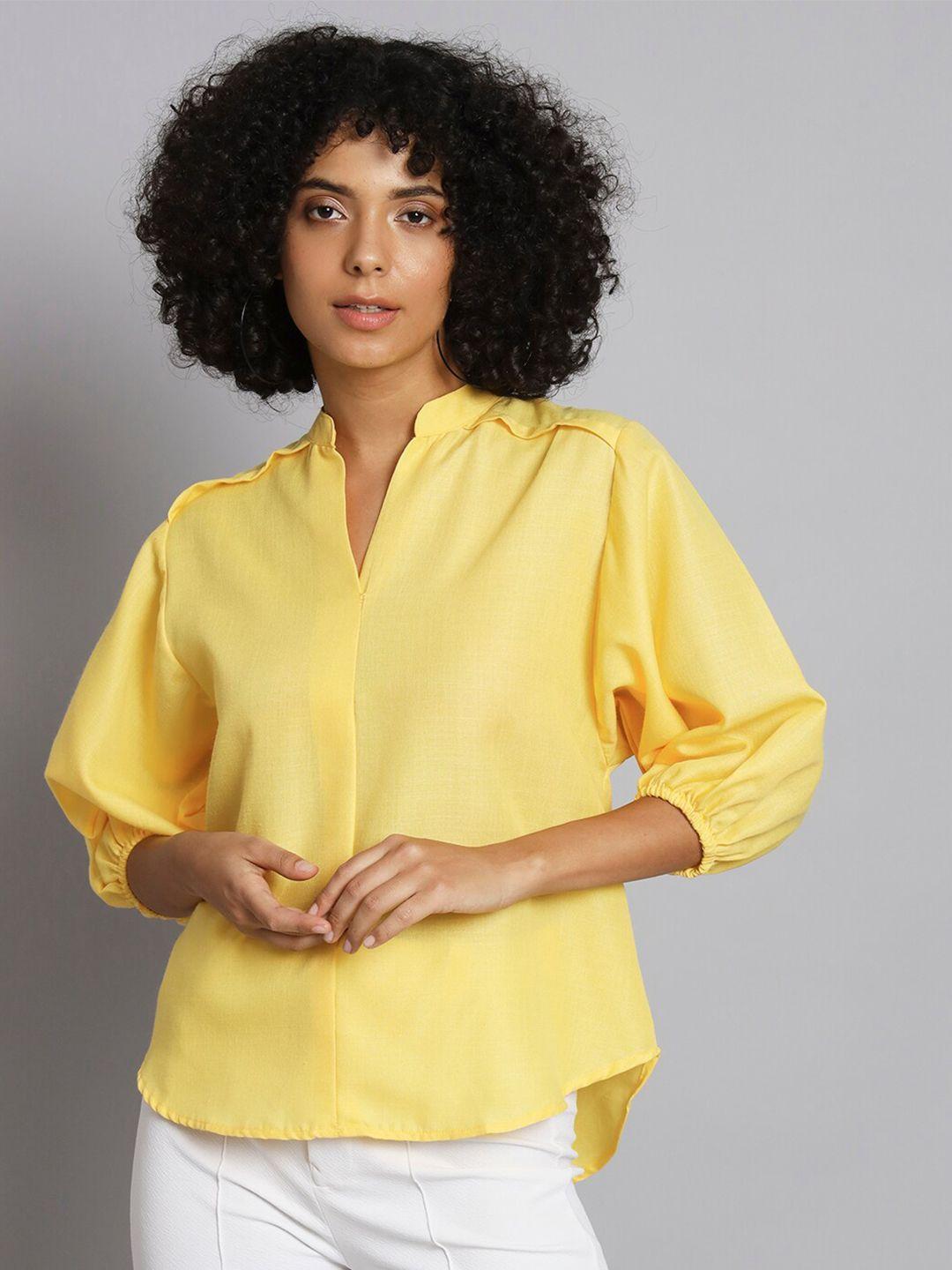 broowl-yellow-mandarin-collar-puff-sleeve-cotton-shirt-style-top