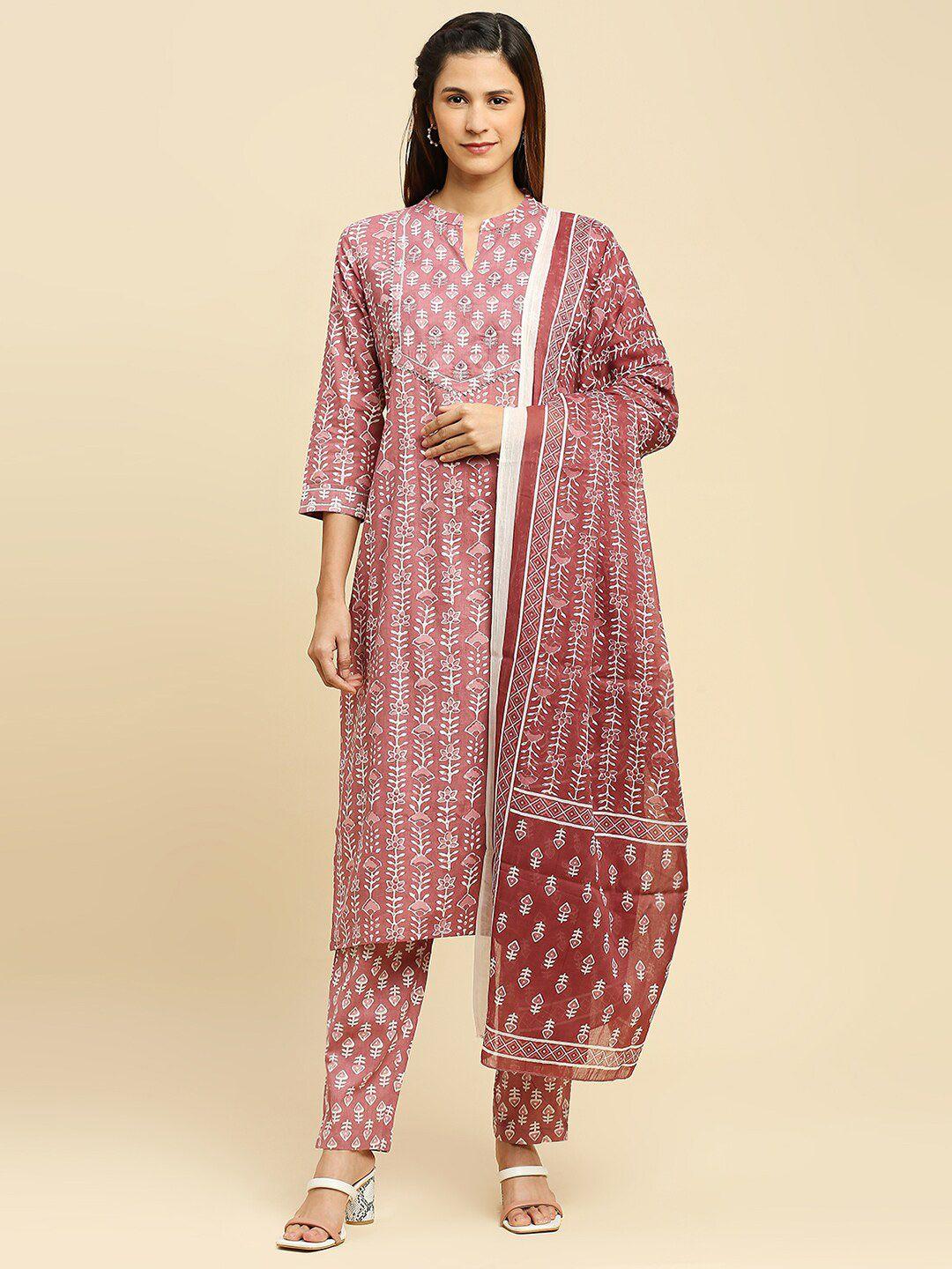 indyes-women-rust-ethnic-motifs-printed-regular-thread-work-pure-cotton-kurta-with-trousers-&-with-dupatta