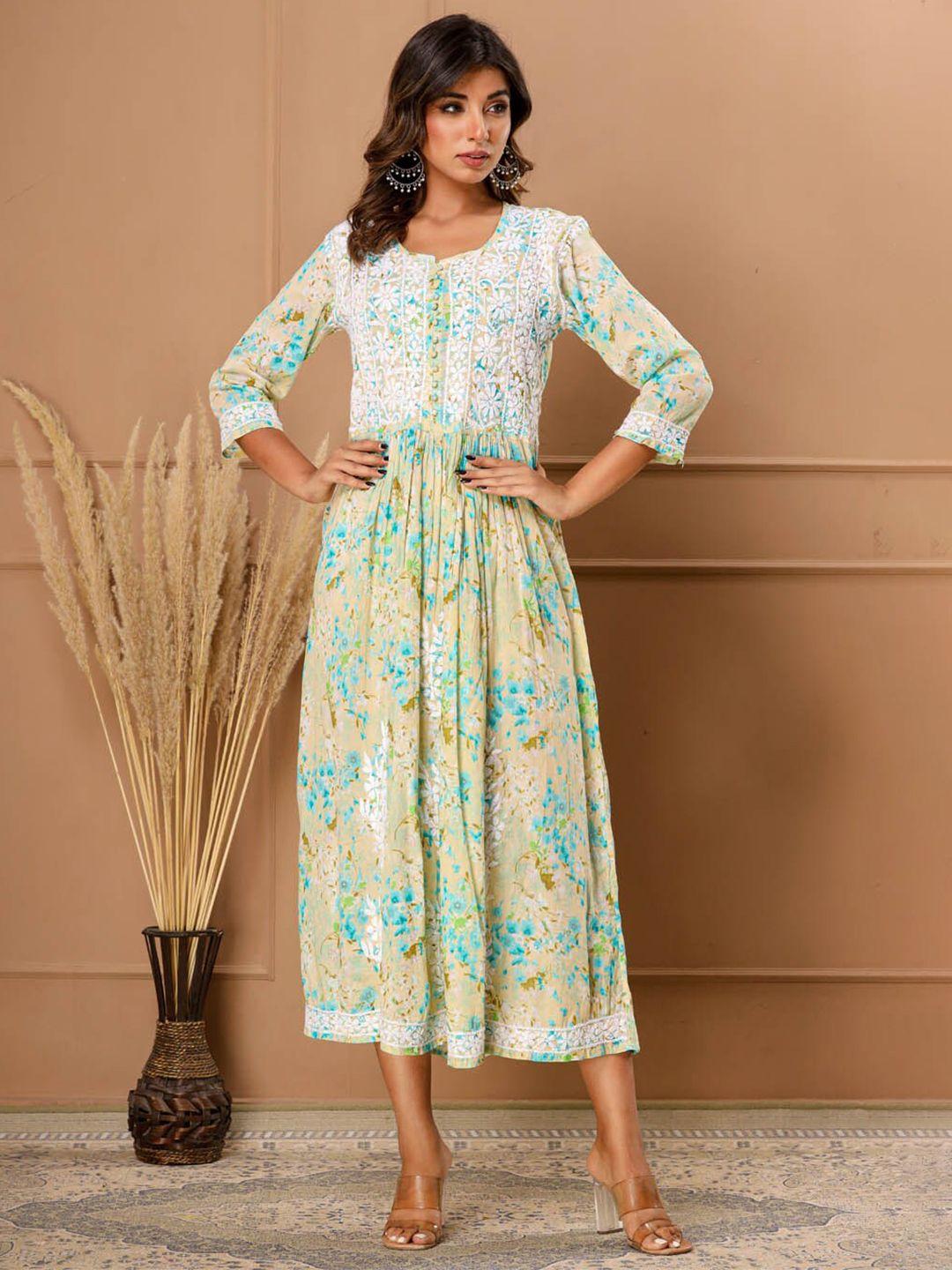 meena-bazaar-floral-printed-embroidered-&-gathered-cotton-fit-&-flare-ethnic-dress