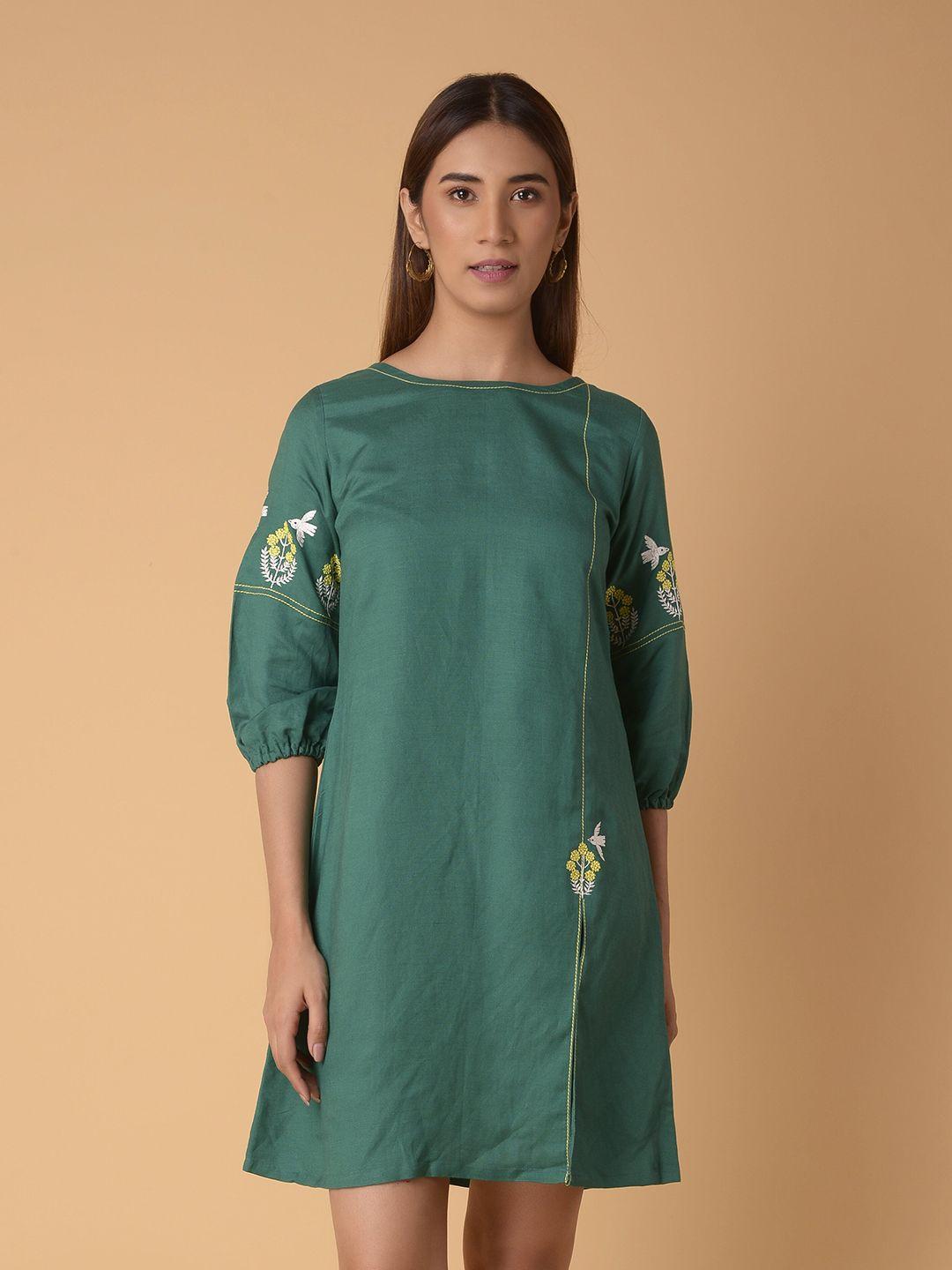 pinksky-boat-neck-cuffed-sleeve-embroidered-pure-cotton-a-line-dress