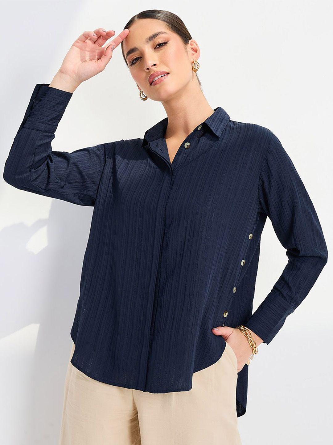styli-navy-blue-self-design-striped-casual-shirt