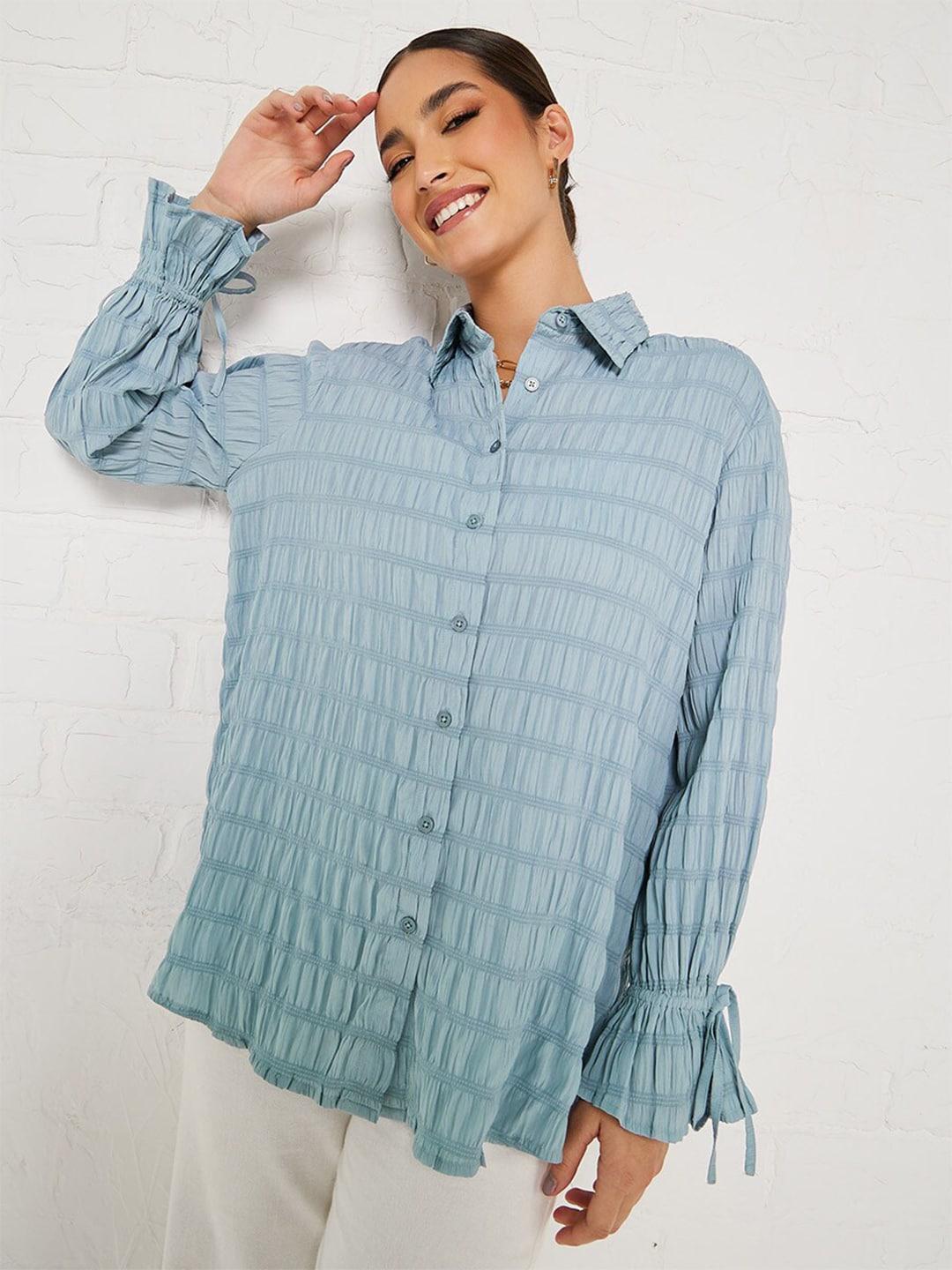 styli-blue-self-design-spread-collar-casual-shirt