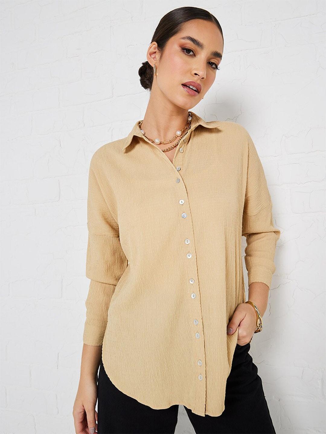 styli-beige-spread-collar-casual-longline-crepe-shirt