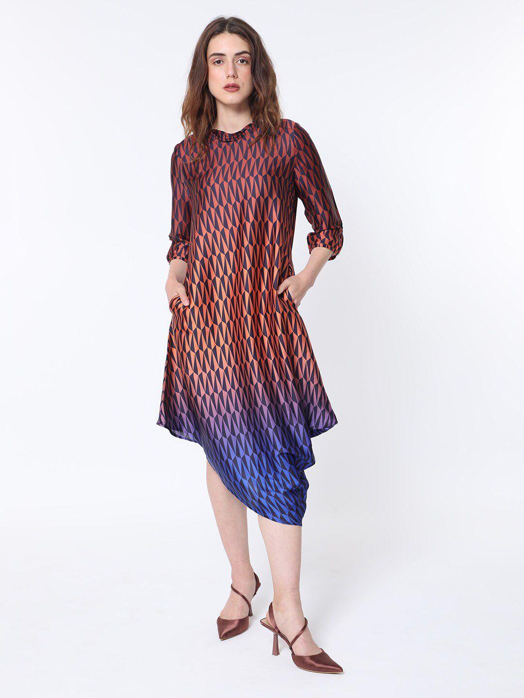 rareism-geometric-printed-cowl-neck-a-line-midi-dress