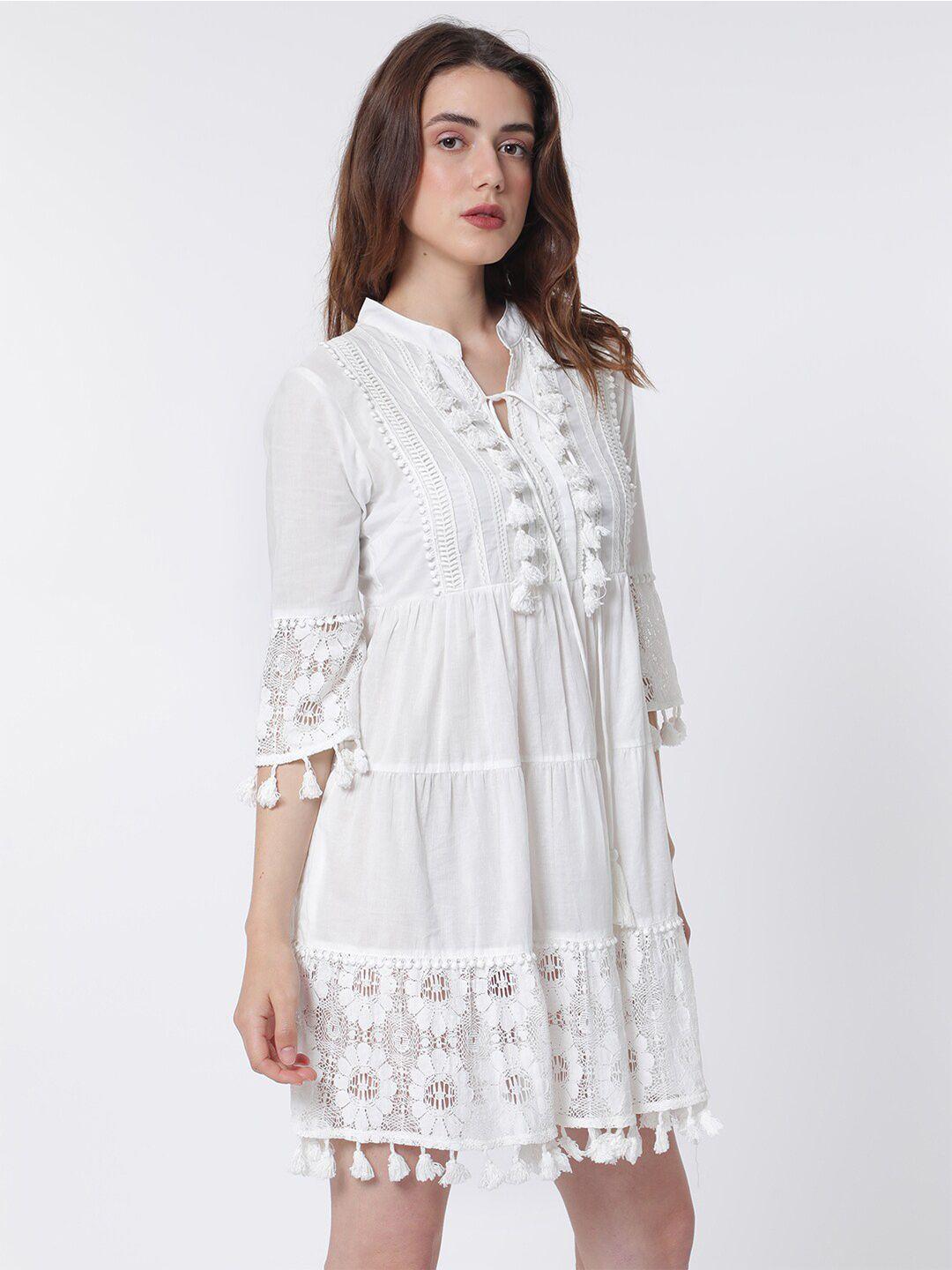rareism-band-collar-bell-sleeve-tie-up-detail-cotton-fit-&-flare-dress