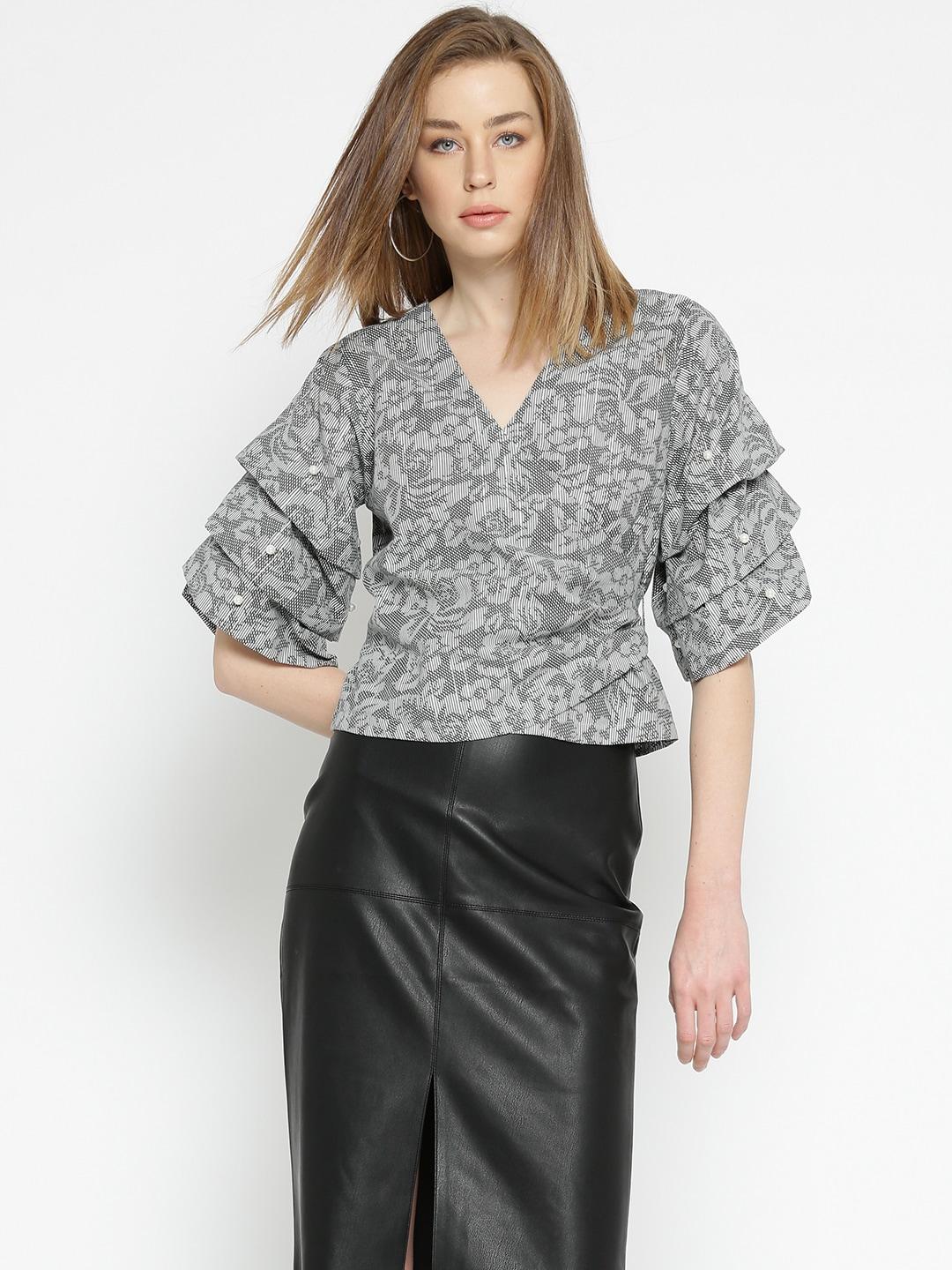 noi-women-grey-printed-wrap-pure-cotton-top