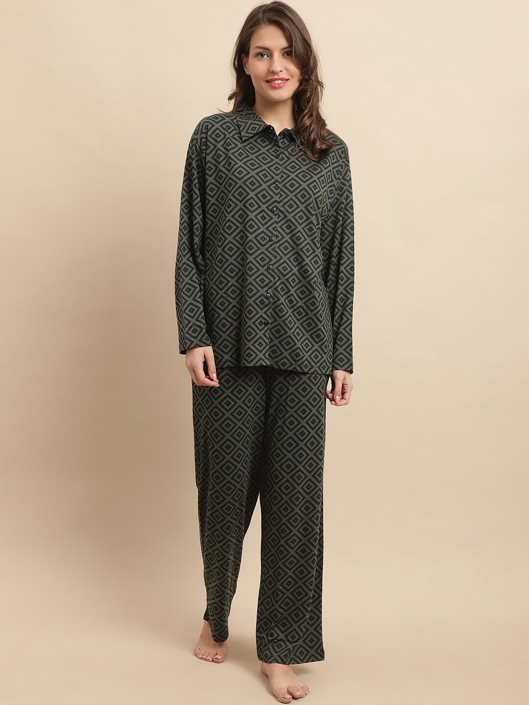 kanvin-green-&-black-geometric-printed-modal-shirt-&-pyjamas