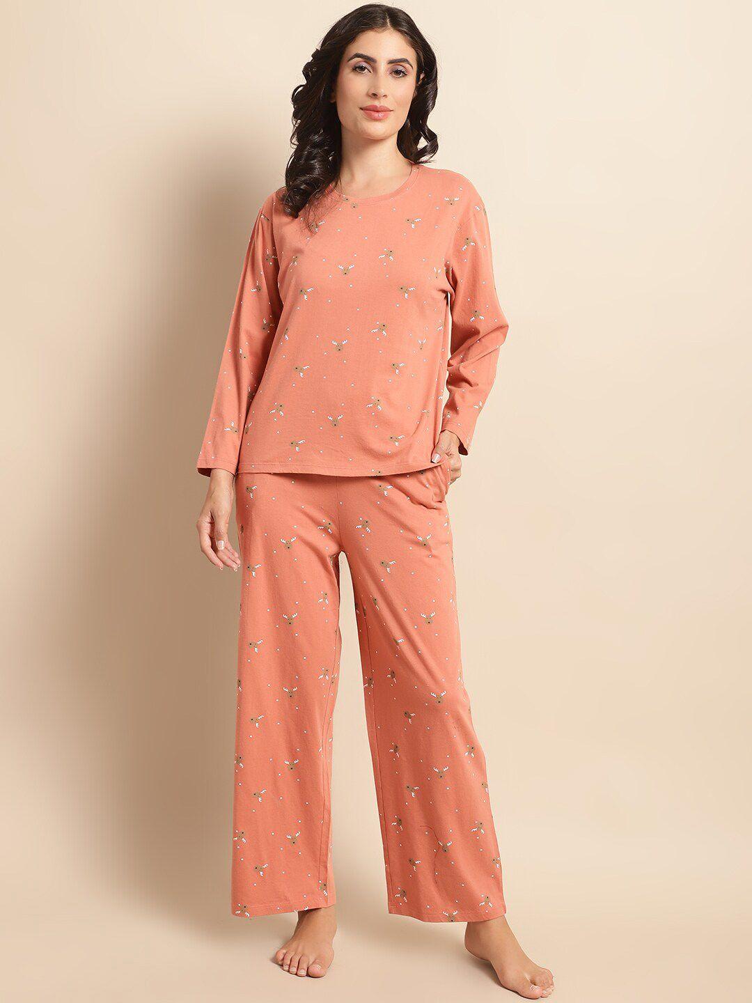 kanvin-rust-&-brown-conversational-printed-pure-cotton-tshirt-&-pyjamas