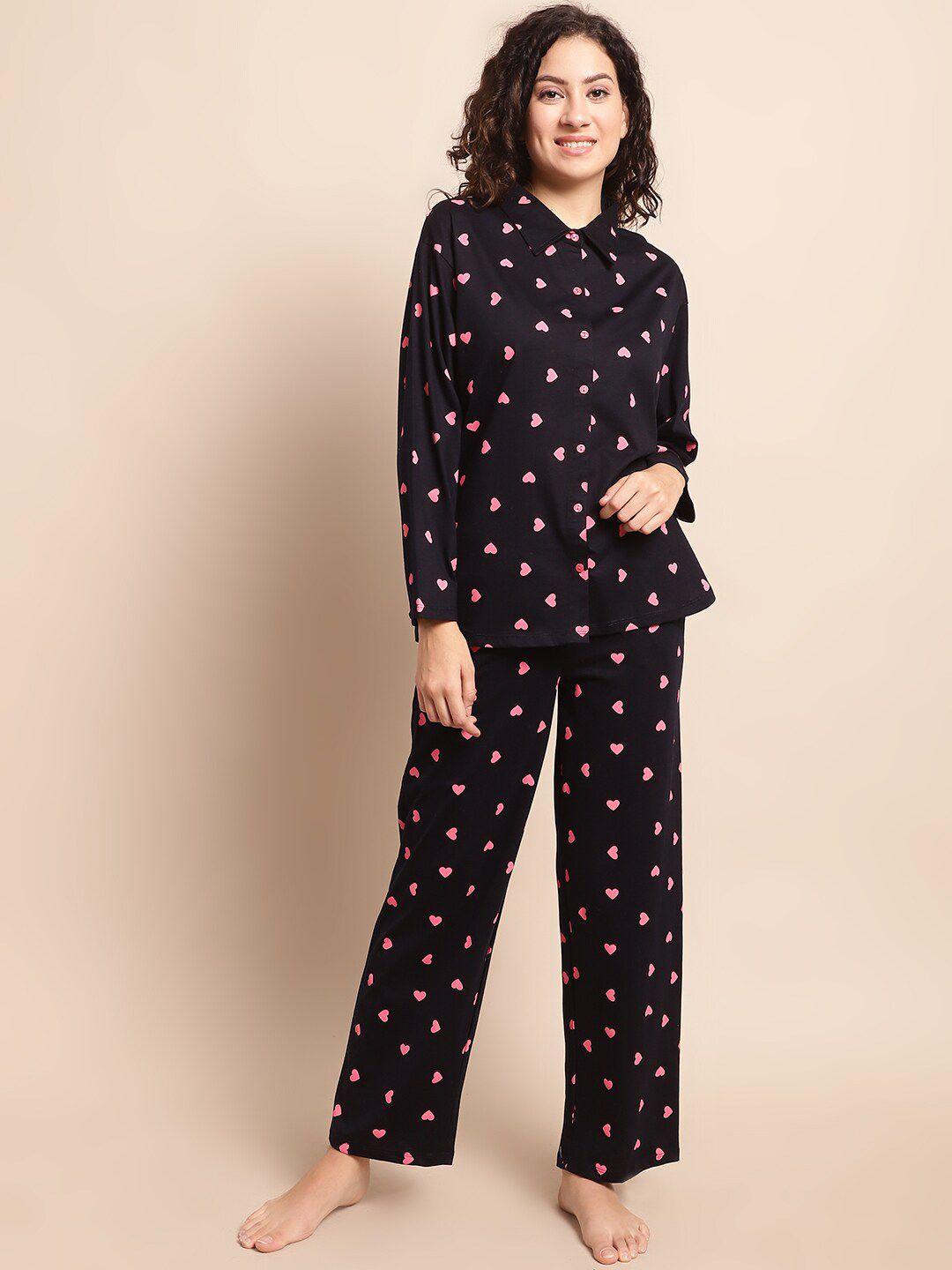 kanvin-navy-blue-&-pink-conversational-printed-pure-cotton-shirt-&-pyjamas