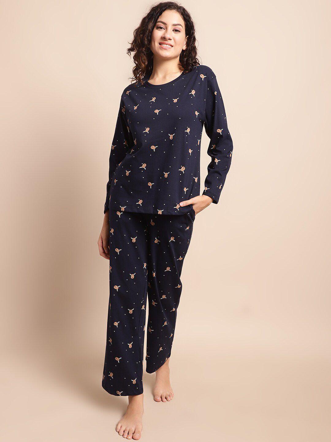 kanvin-navy-blue-&-brown-conversational-printed-pure-cotton-tshirt-&-pyjamas