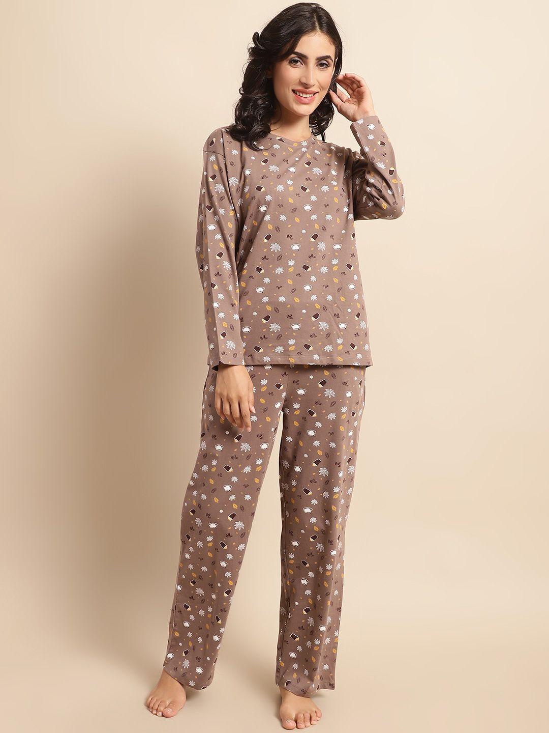 kanvin-camel-brown-&-white-conversational-printed-pure-cotton-tshirt-&-pyjamas