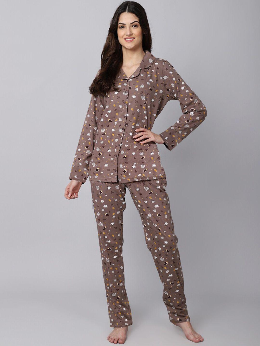 kanvin-camel-brown-&-white-conversational-printed-pure-cotton-shirt-&-pyjamas