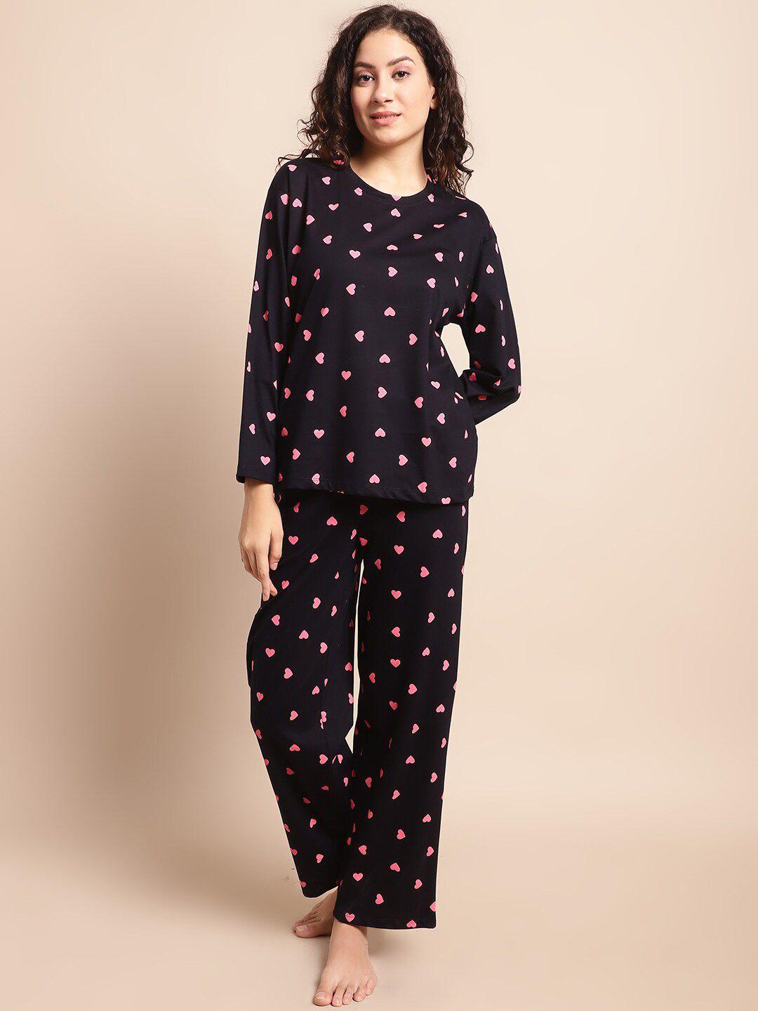 kanvin-navy-blue-&-pink-conversational-printed-pure-cotton-night-suit