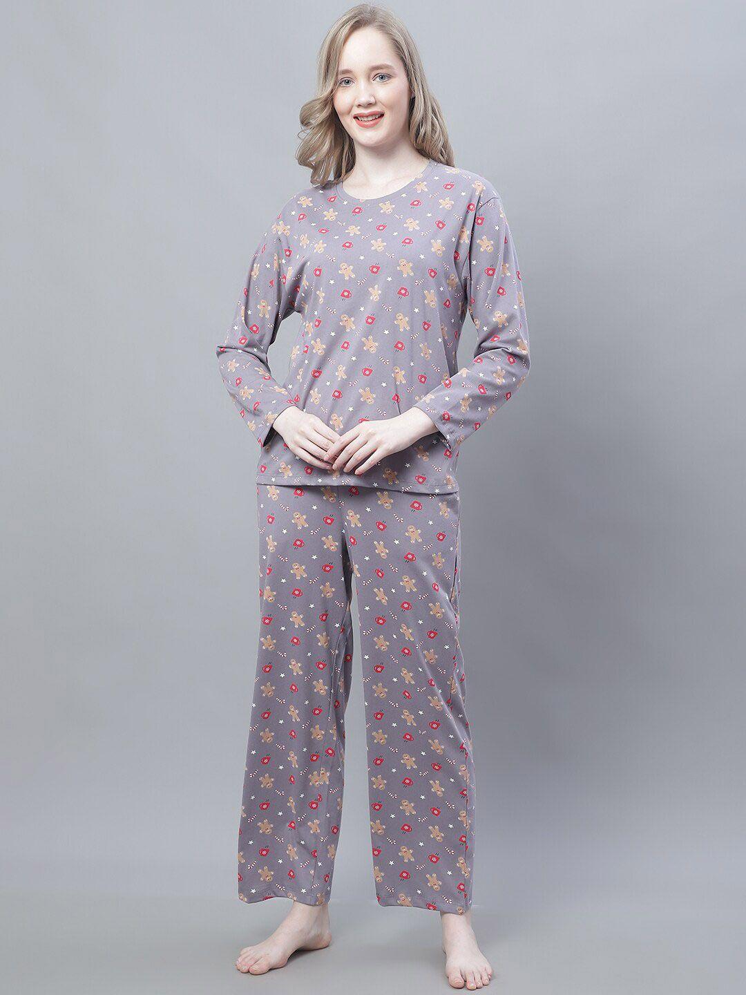 kanvin-grey-&-red-conversational-printed-pure-cotton-night-suit