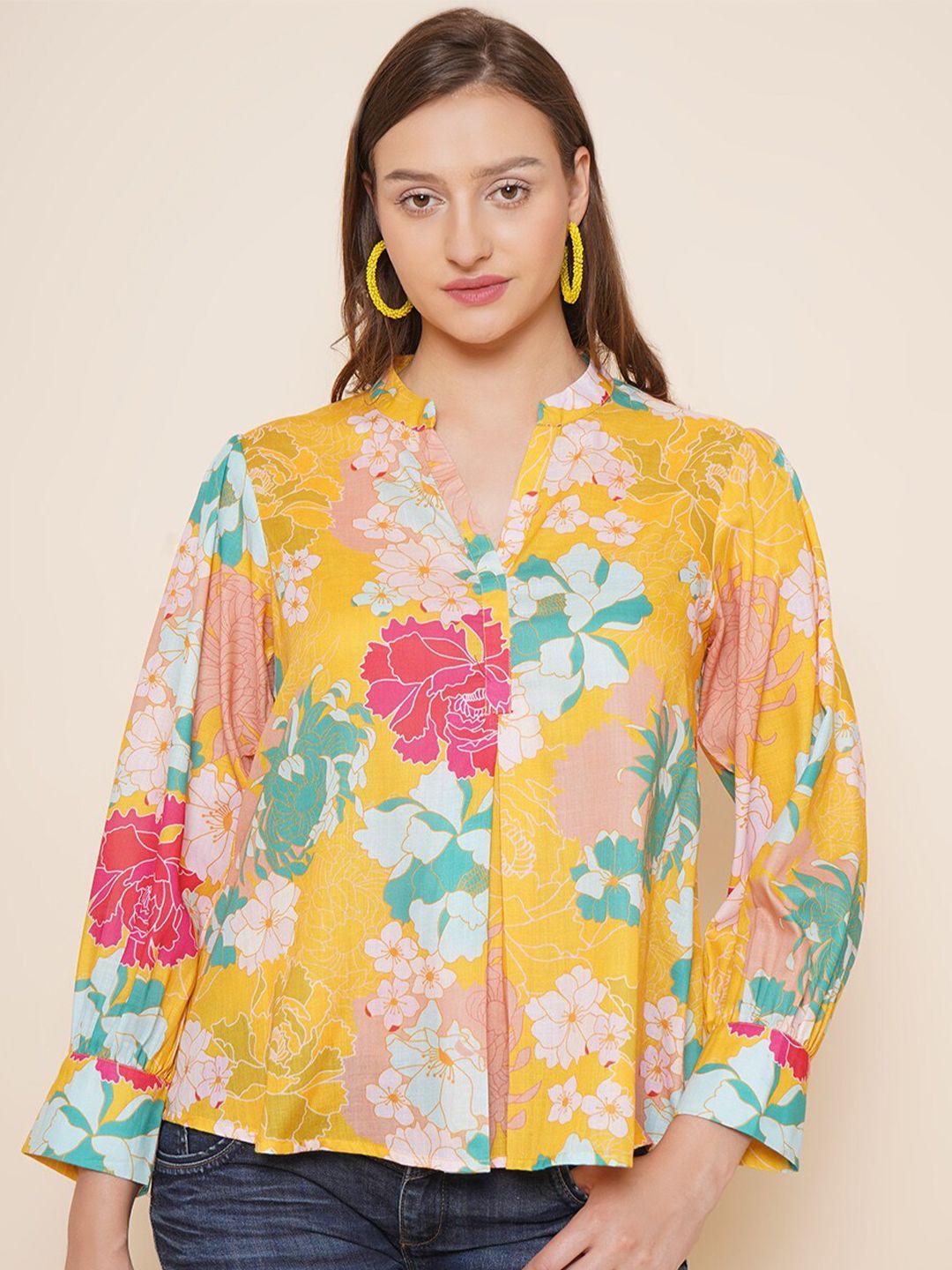 bhama-couture-floral-printed-cuffed-sleeves-mandarin-collar-top